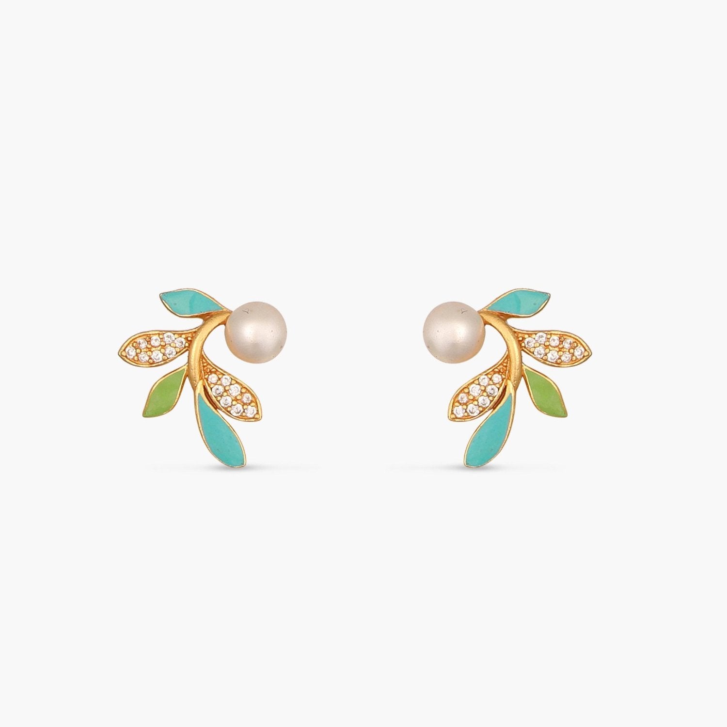 Eriha Pearl Delicate Green Leaf Stud Earrings