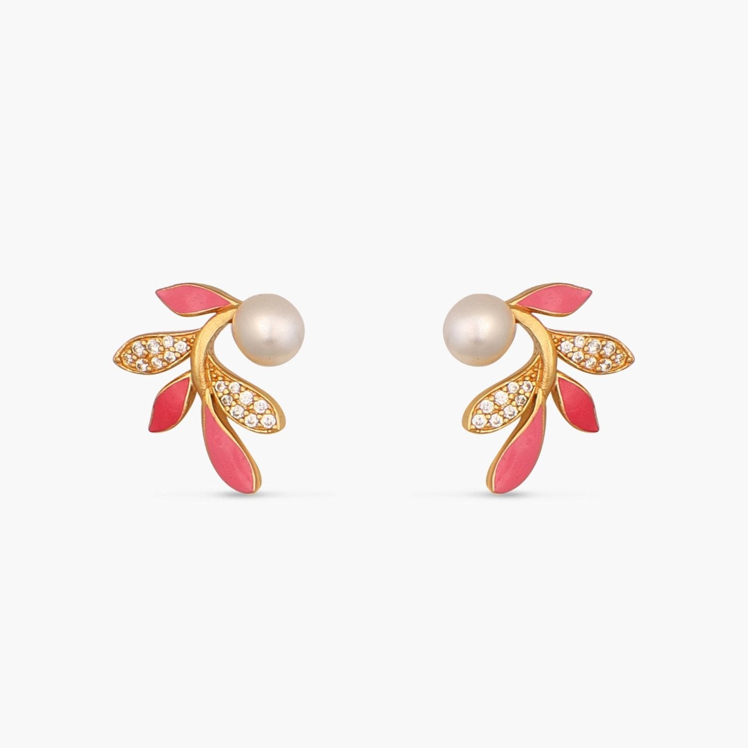 Eriha Pearl Delicate Pink Leaf Stud Earrings