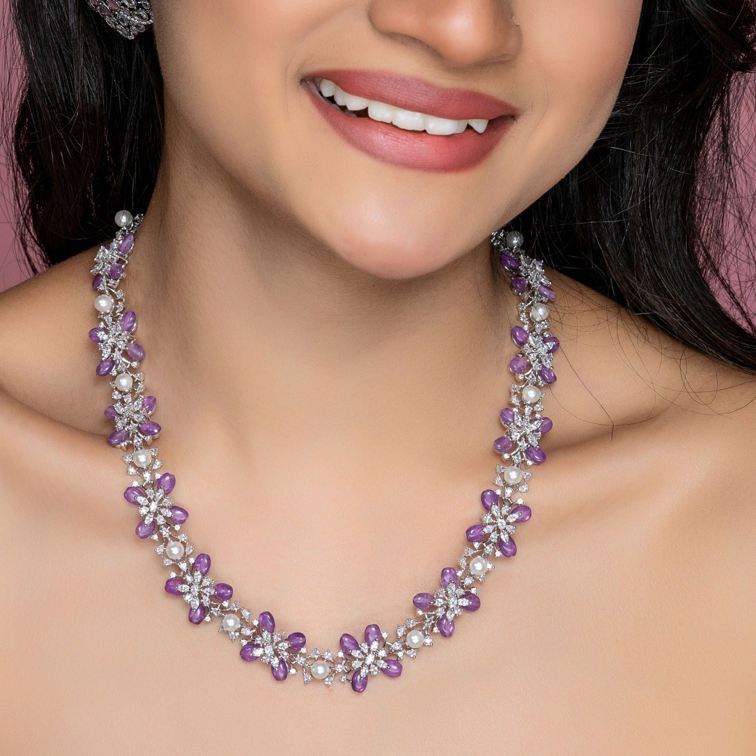 Floral Petal CZ Lavender Beads & Pearl Long Necklace