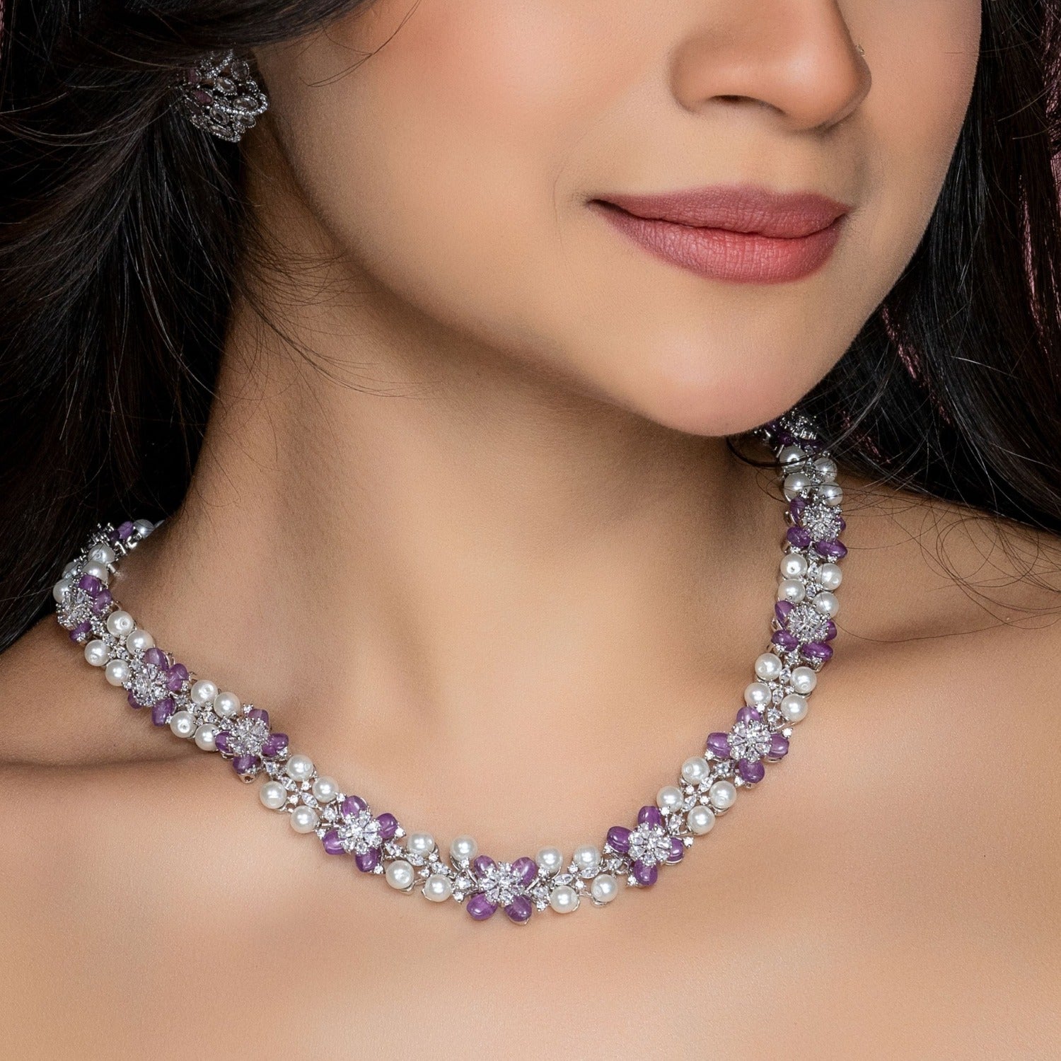 Floral Grace CZ Lavender Beads & Pearl Long Necklace