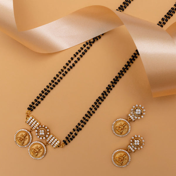 Dhriti Antique Black Beads Mangalsutra Necklace Set - Lakshmi Coin Design, Gold Plated, With Earrings, 1 Year Warranty