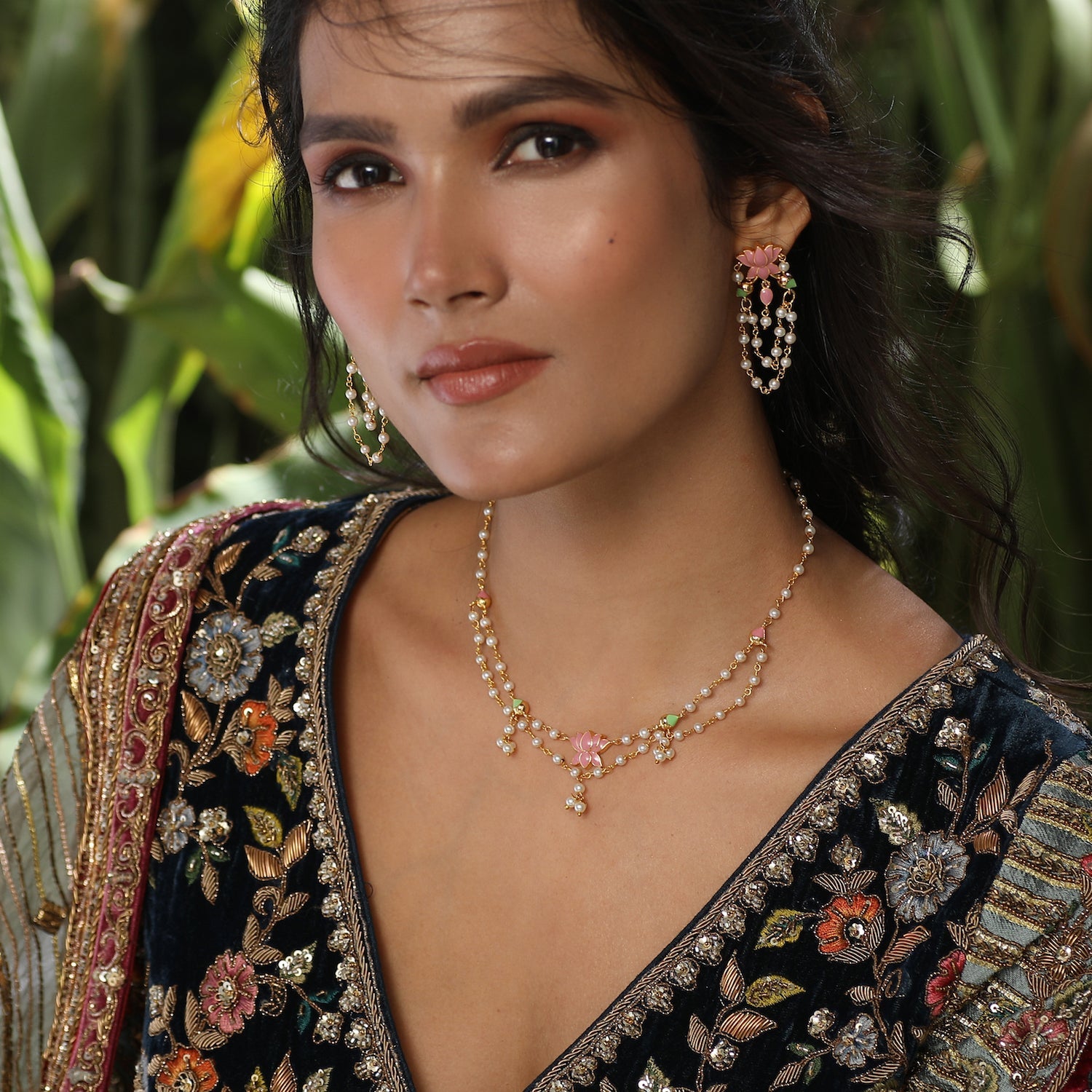 Jalaja Lotus Motifs Layered Pearl Necklace