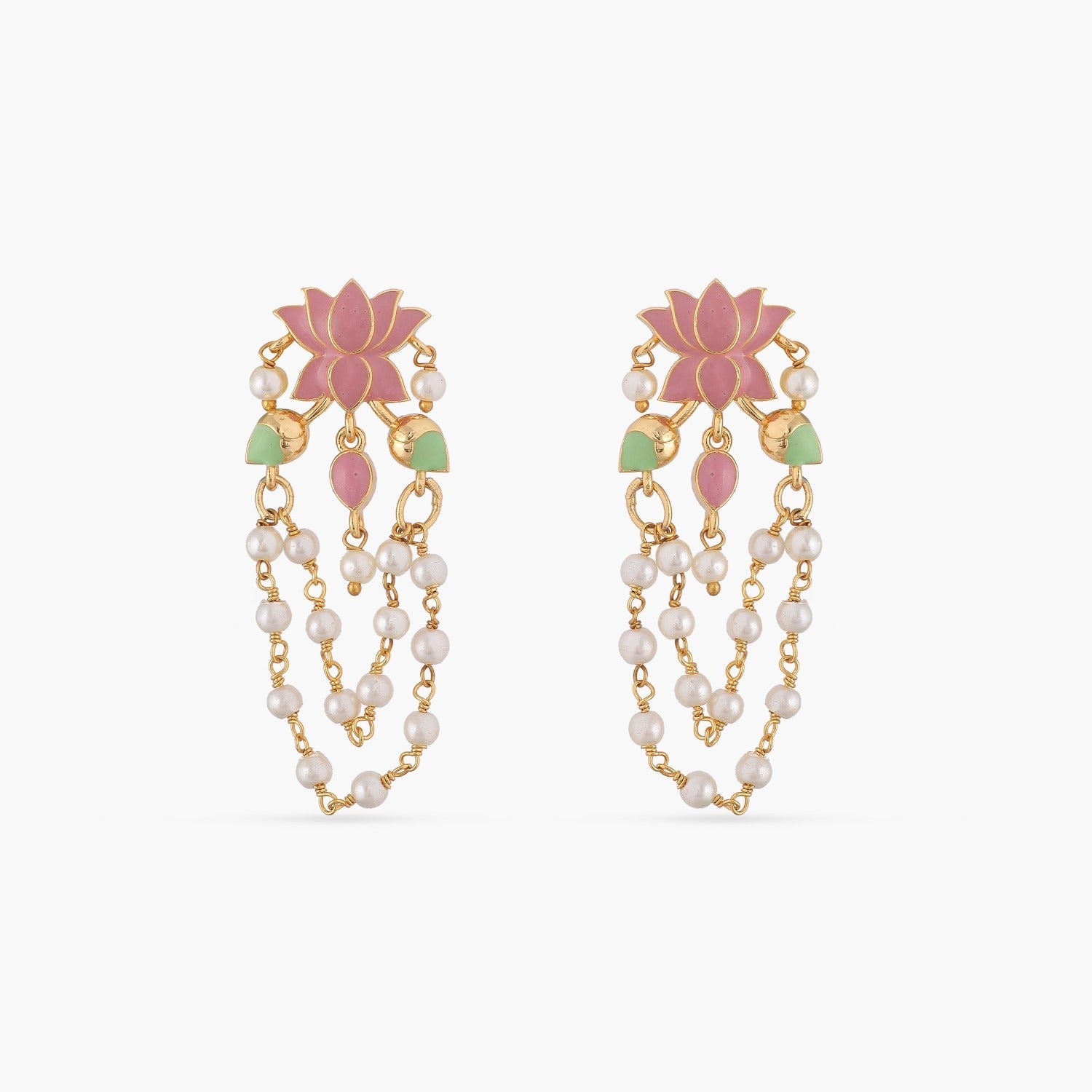 A picture of Indian artificial earrings: a pair of chandelier earrings with pink and green gemstones with white beads on a white background.