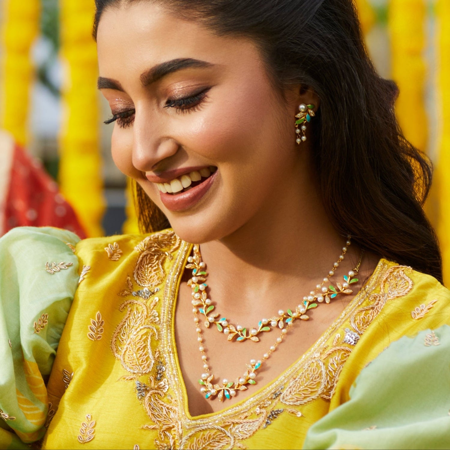 Eriha Pearl CZ Statement Green Leaf Necklace