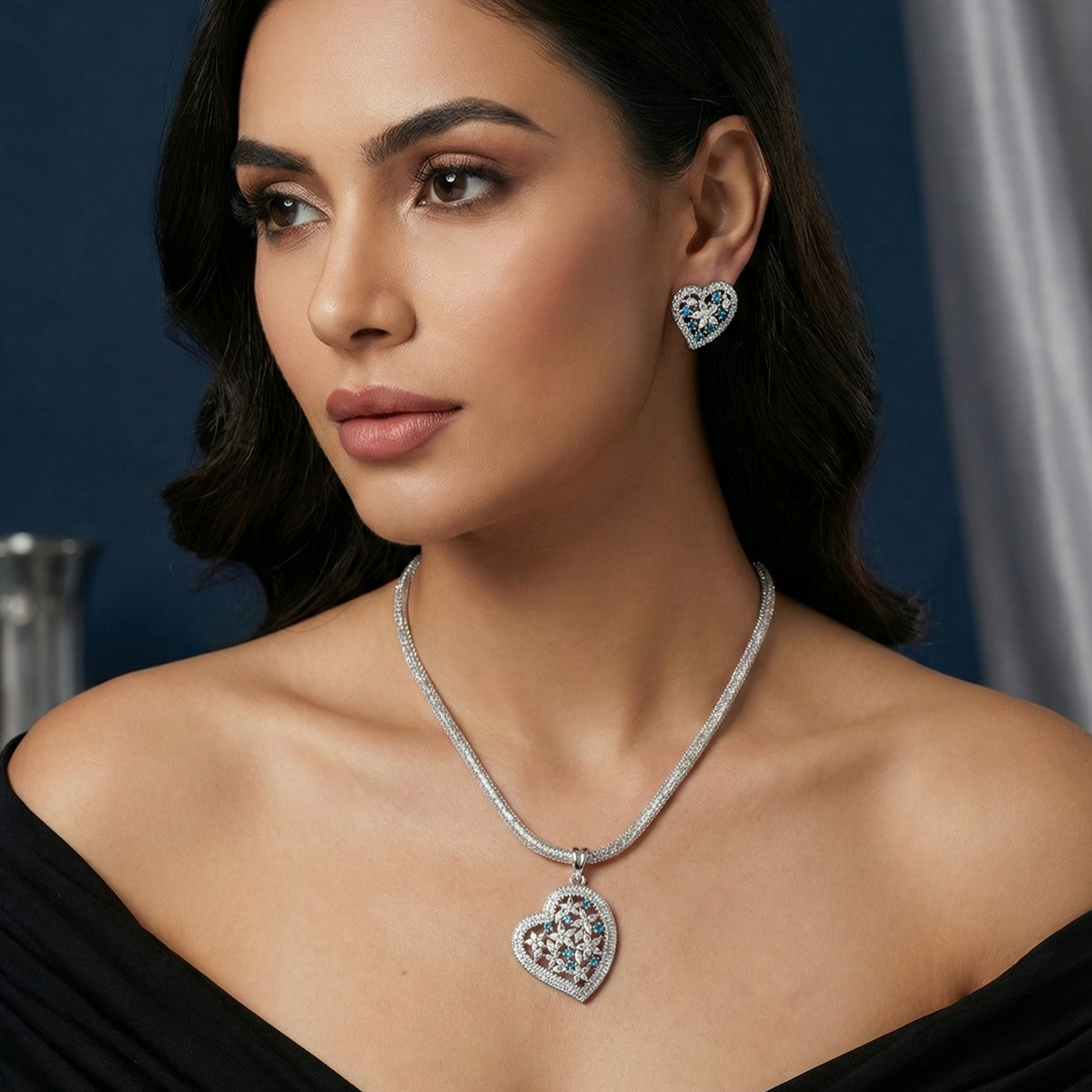 Amara Heart Nakshatra Blue CZ Pendant Set