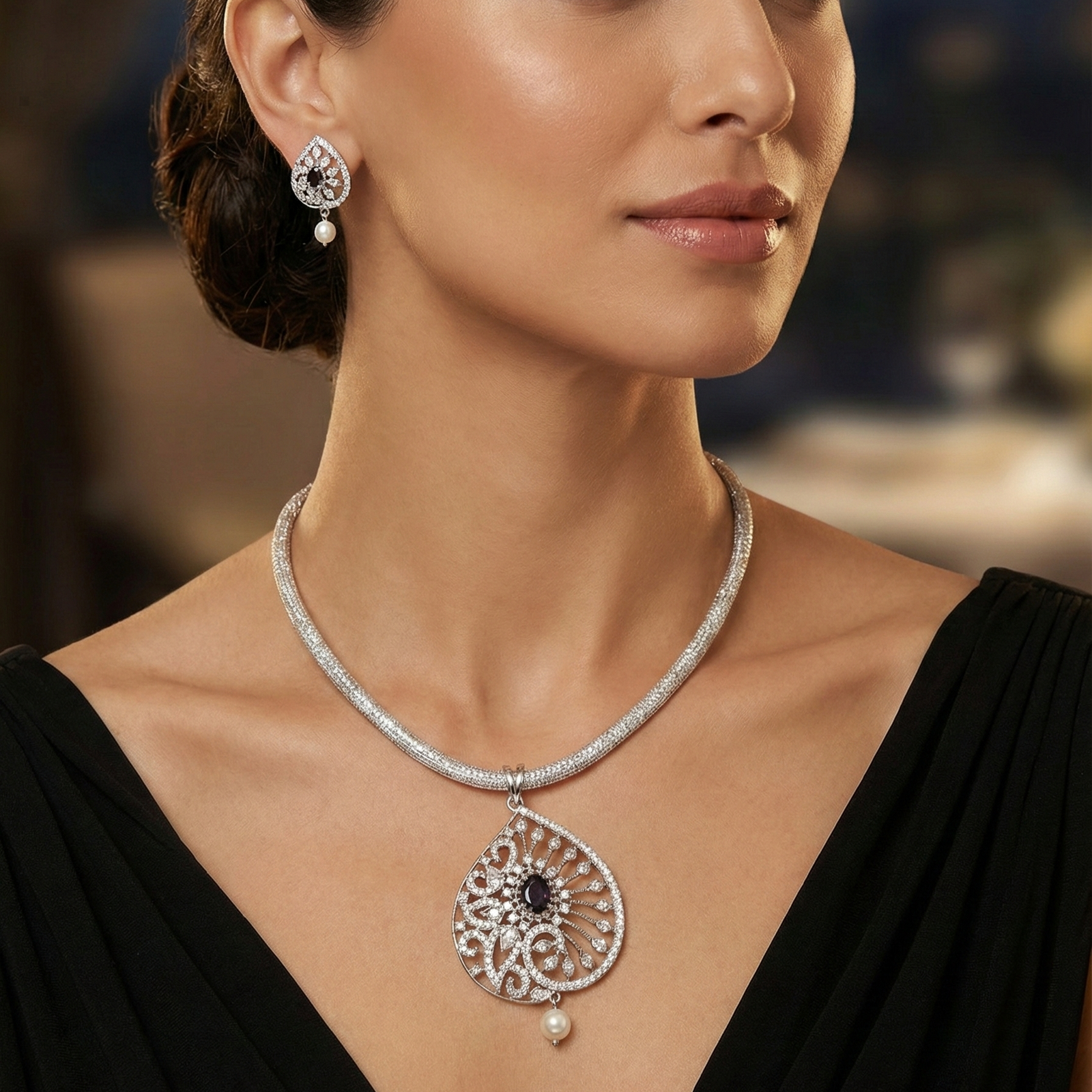 Glow Nakshatra Black CZ Pendant Set