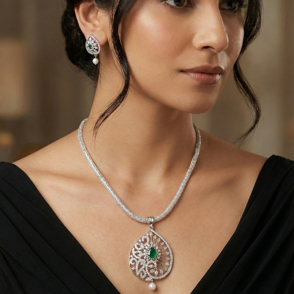 Glow Nakshatra Green CZ Pendant Set