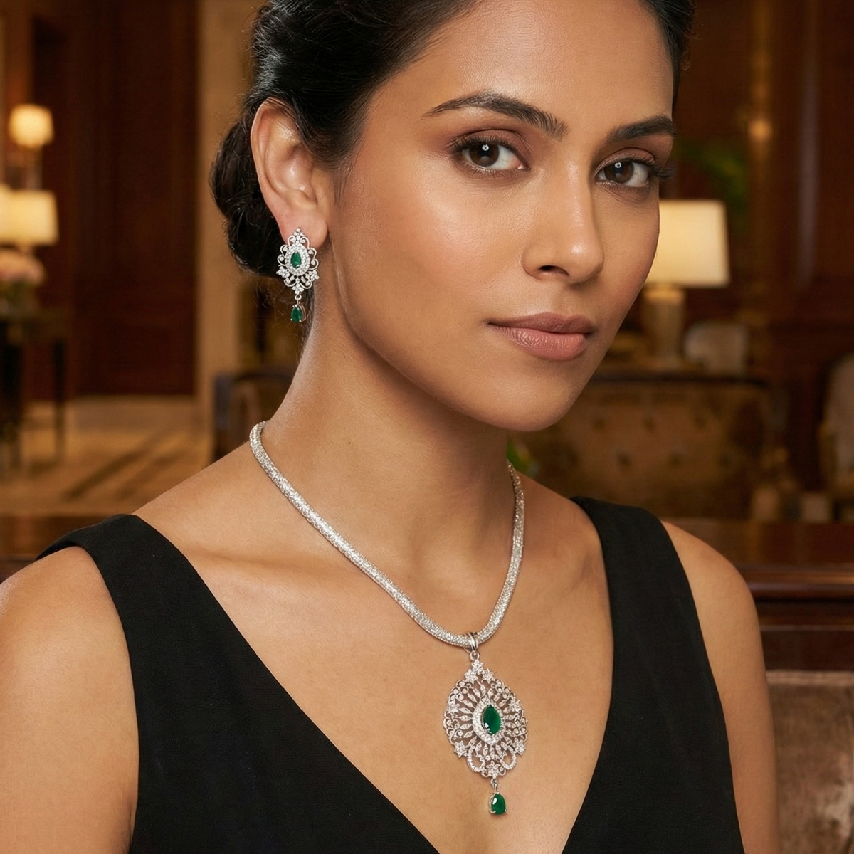 Elsa Nakshatra Green CZ Pendant Set