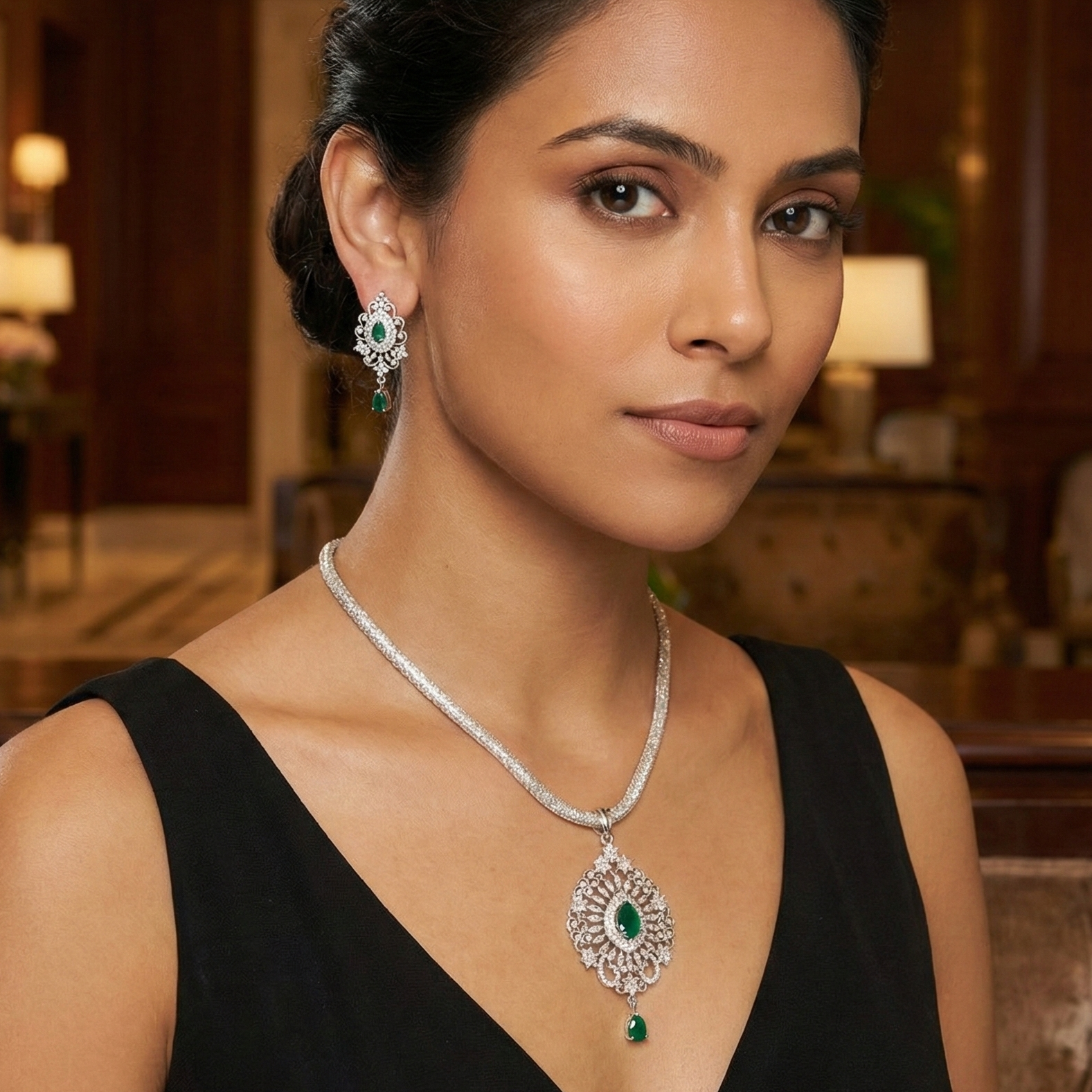 Elsa Nakshatra Green CZ Pendant Set