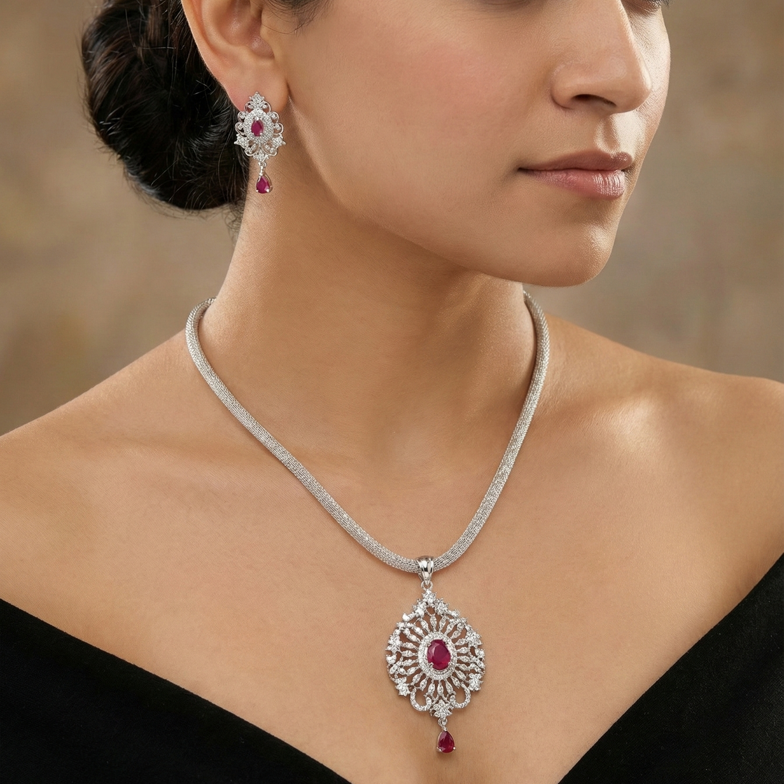 Elsa Nakshatra Red CZ Pendant Set