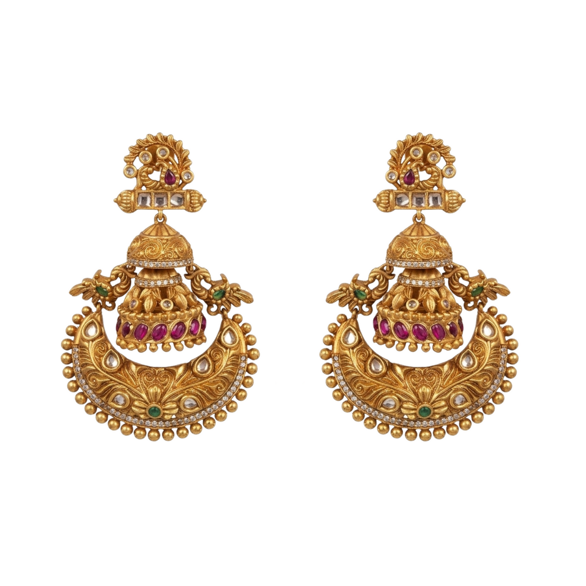 Dola Antique Red Green  Chandbali Earrings