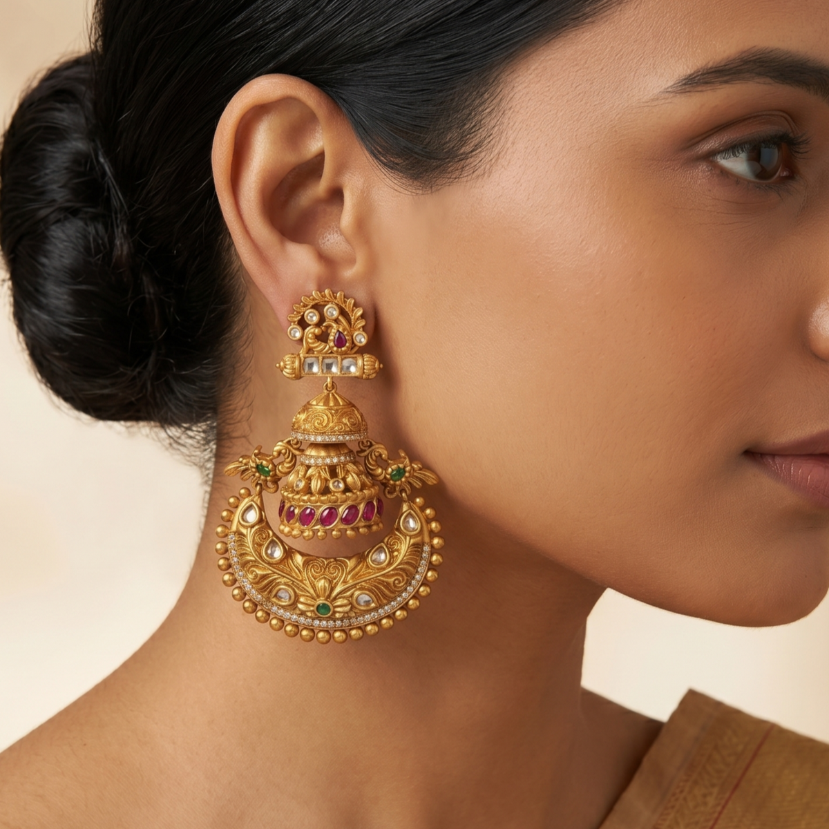 Dola Antique Red Green  Chandbali Earrings