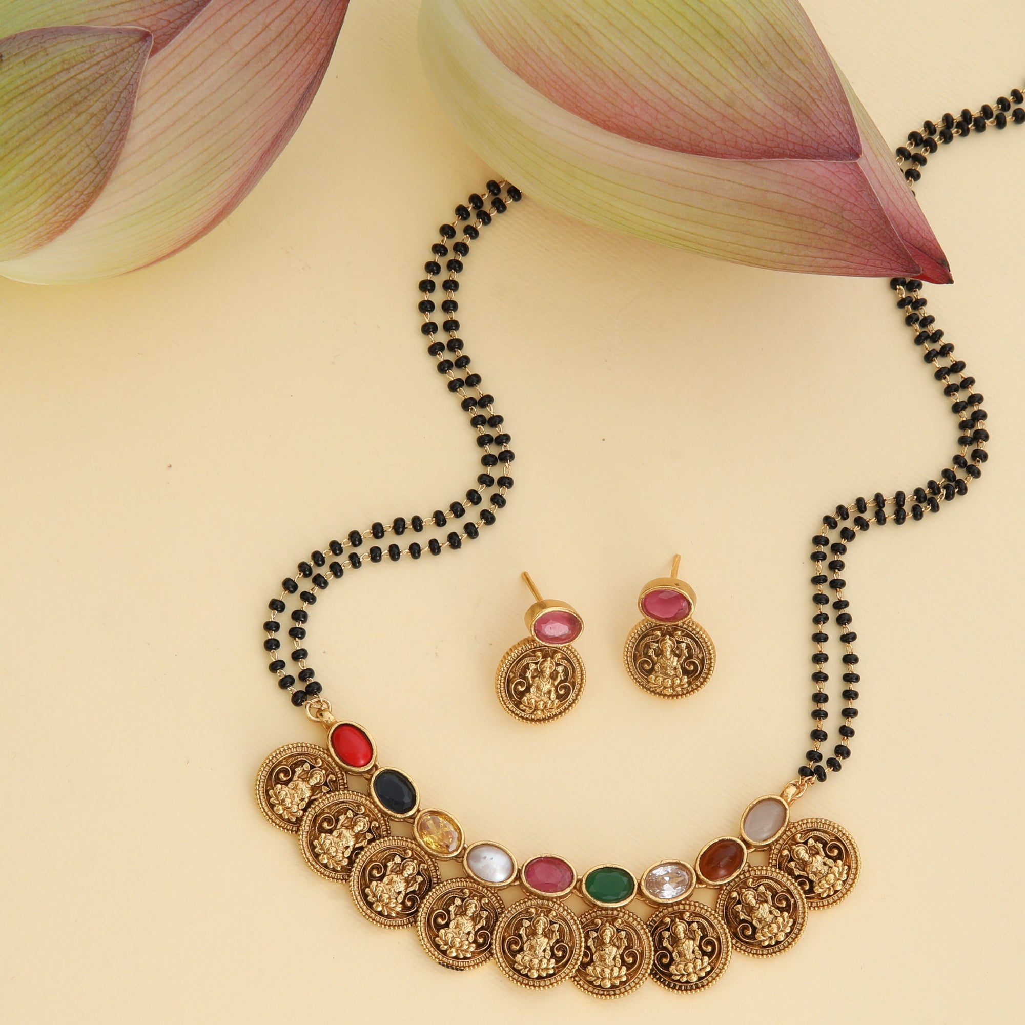 Shrinika Navaratna Black Beads Necklace Set