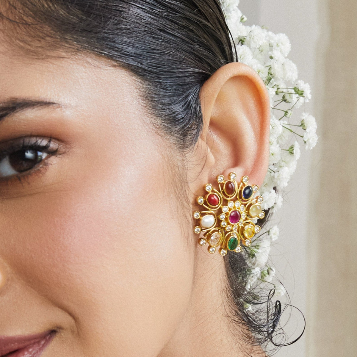 Navaratna Floral Stud Earrings