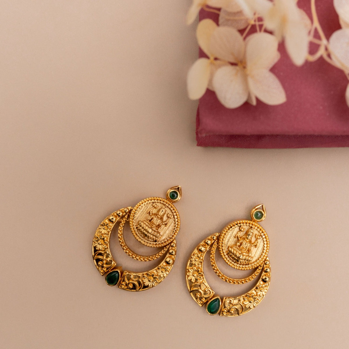 Shreeja Antique Green Kempu Chandbali Earrings