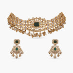 A picture of an Indian artificial choker set with earrings embellished with green gemstones and Cubic Zirconia.