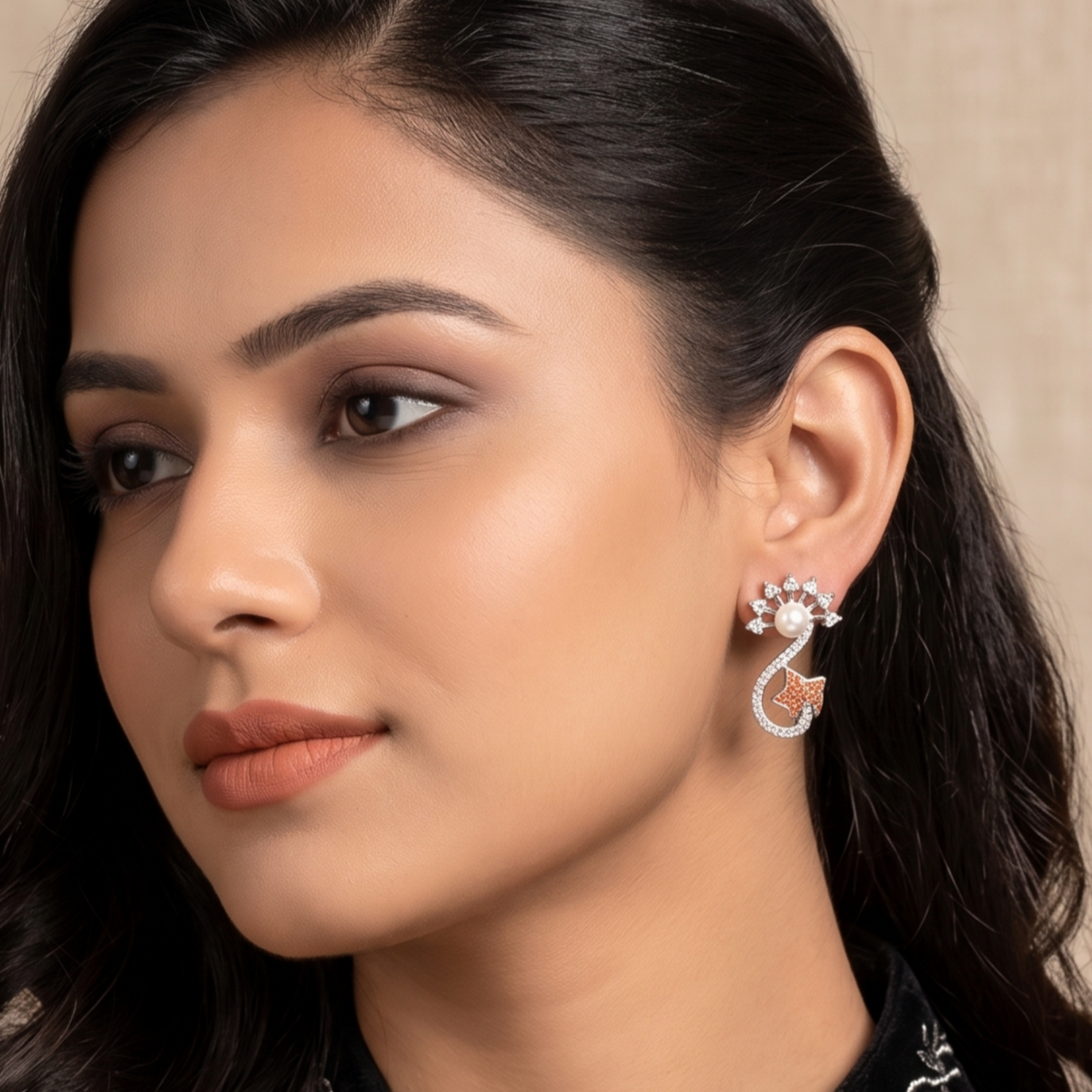 Siya Pearl CZ Light Orange Stud Earrings