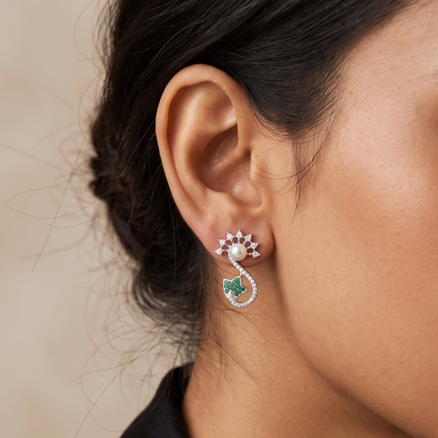 Siya Pearl CZ Green Stud Earrings