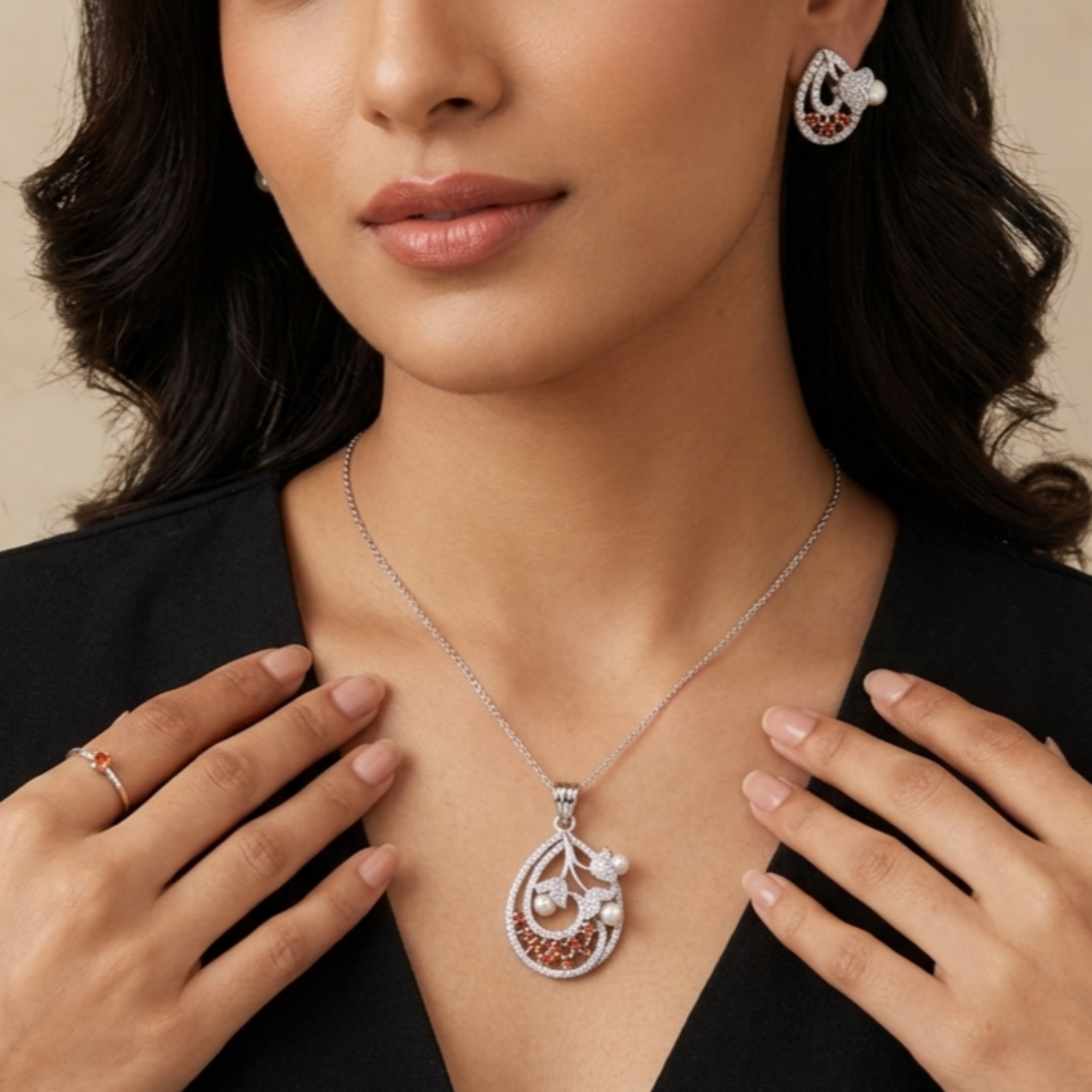 Aadhya Pearl Orange CZ Pendant Set