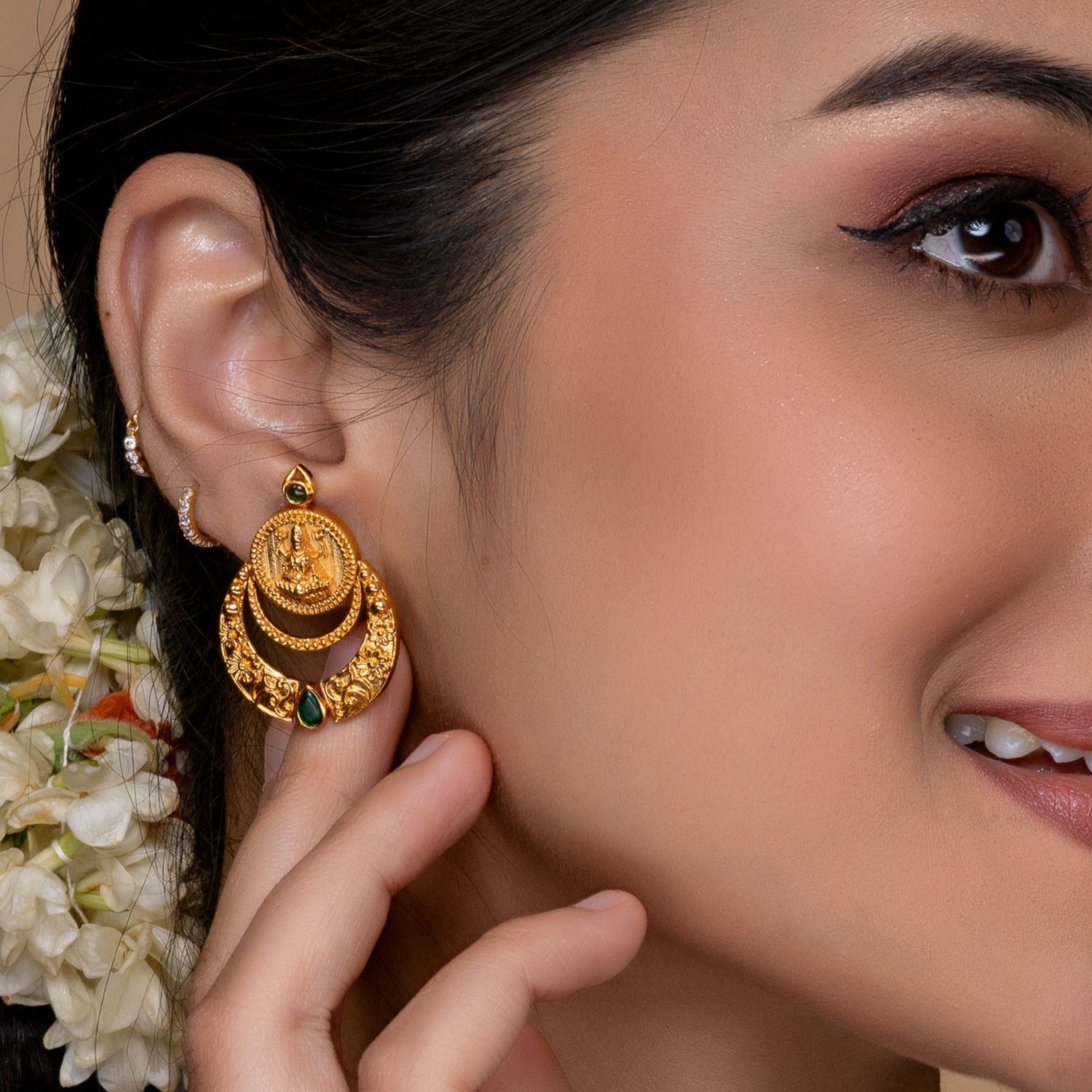 Shreeja Antique Green Kempu Chandbali Earrings