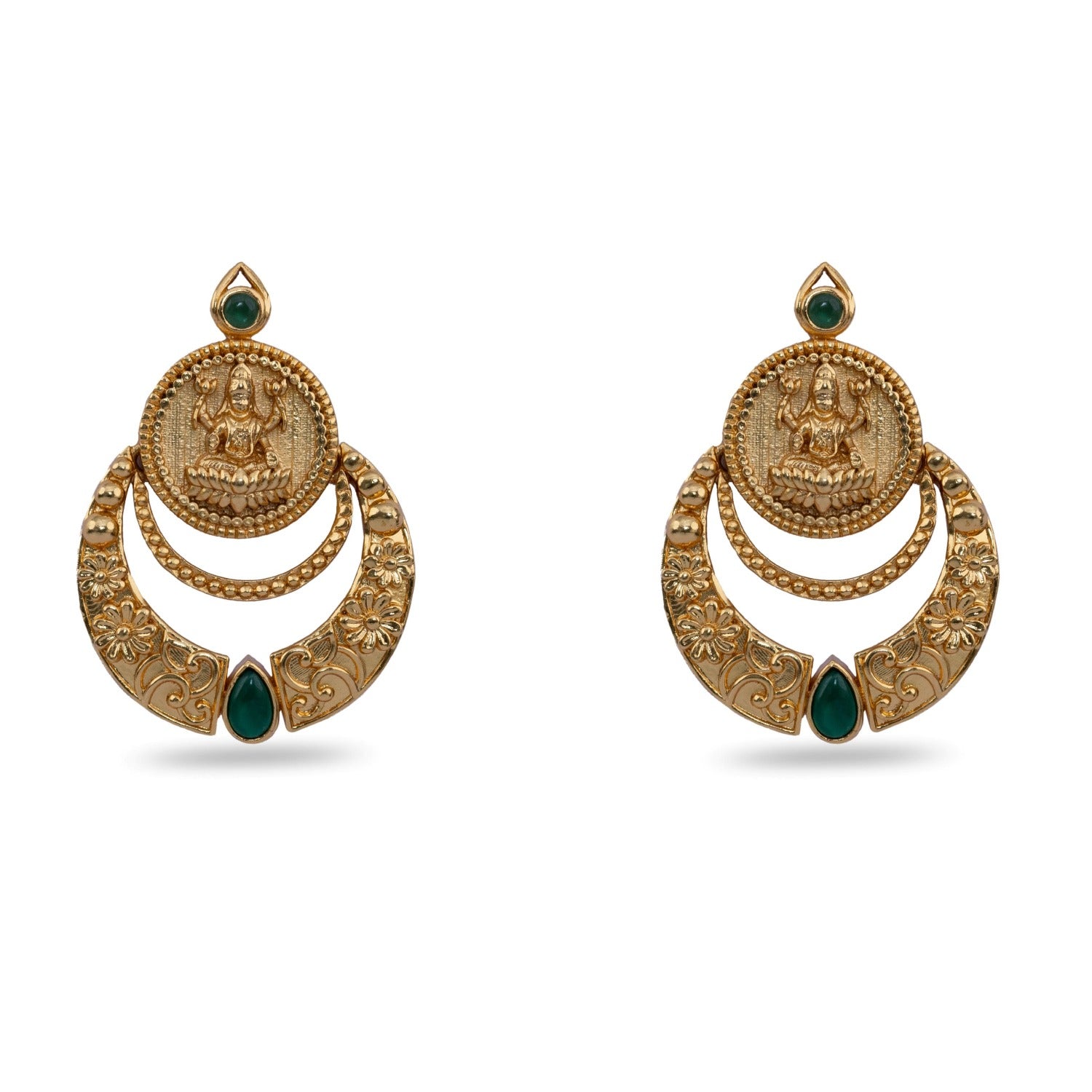Shreeja Antique Green Kempu Chandbali Earrings