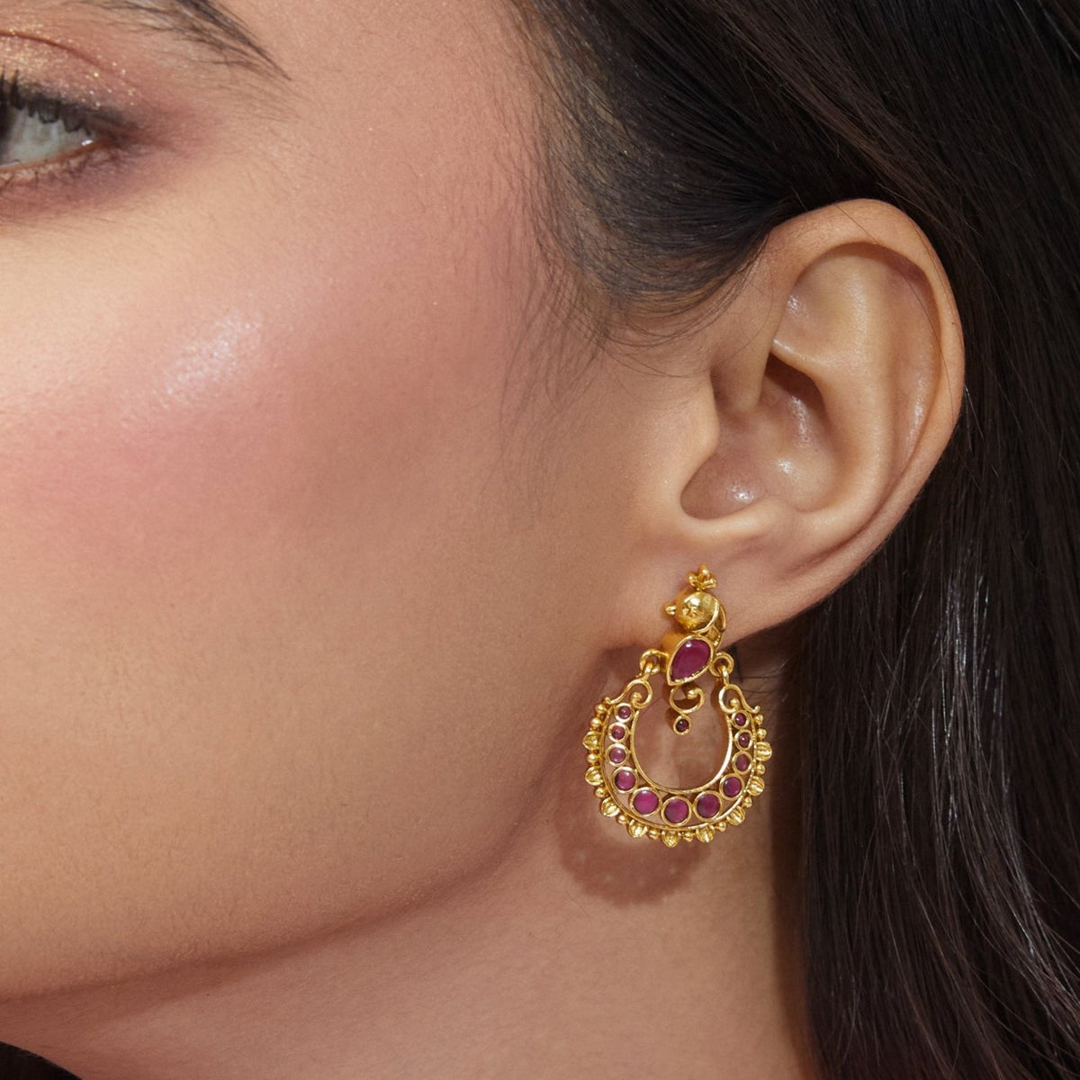 Aaravi Antique Red Kempu Chandbali Earrings