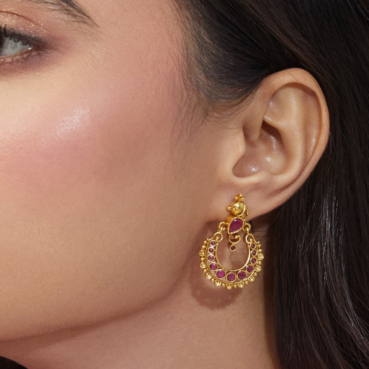 Aaravi Antique Red Kempu Chandbali Earrings