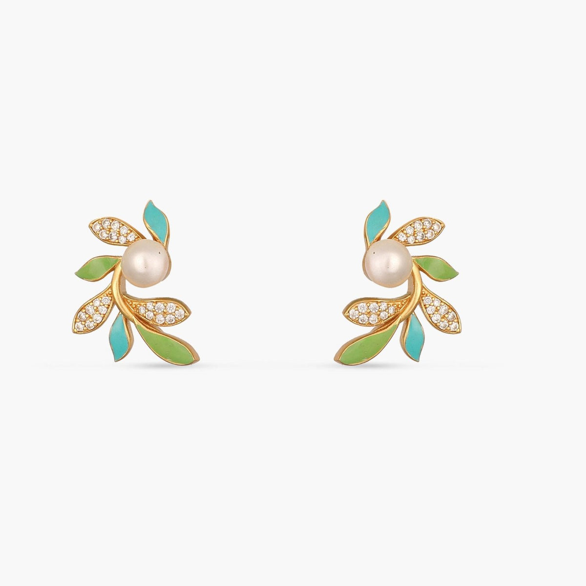 Eriha Pearl CZ Green Leaf Stud Earrings 