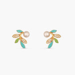 Eriha Pearl Delicate Green Leaf Stud Earrings 