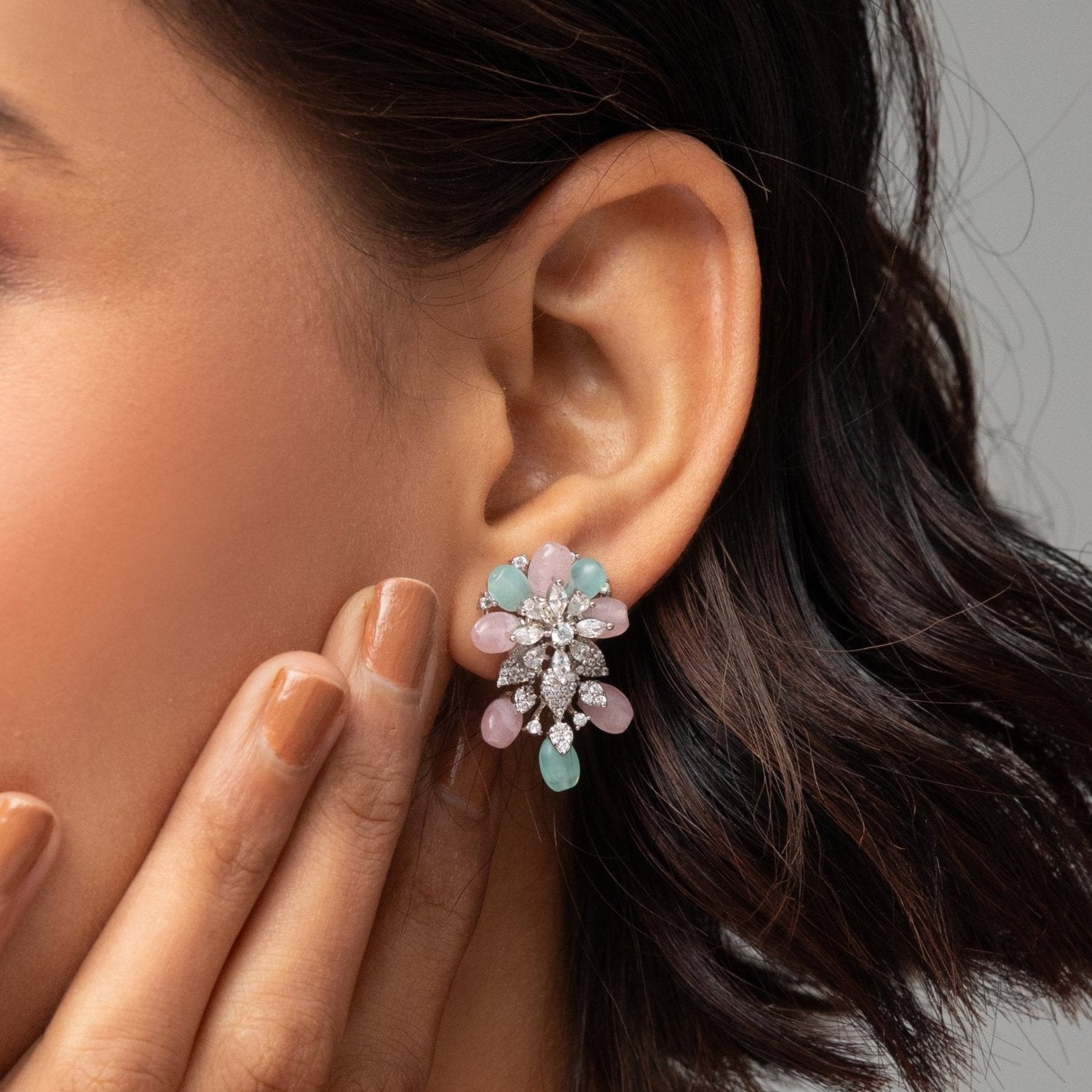 Floral Elegance CZ Aqua Beads Stud Earrings