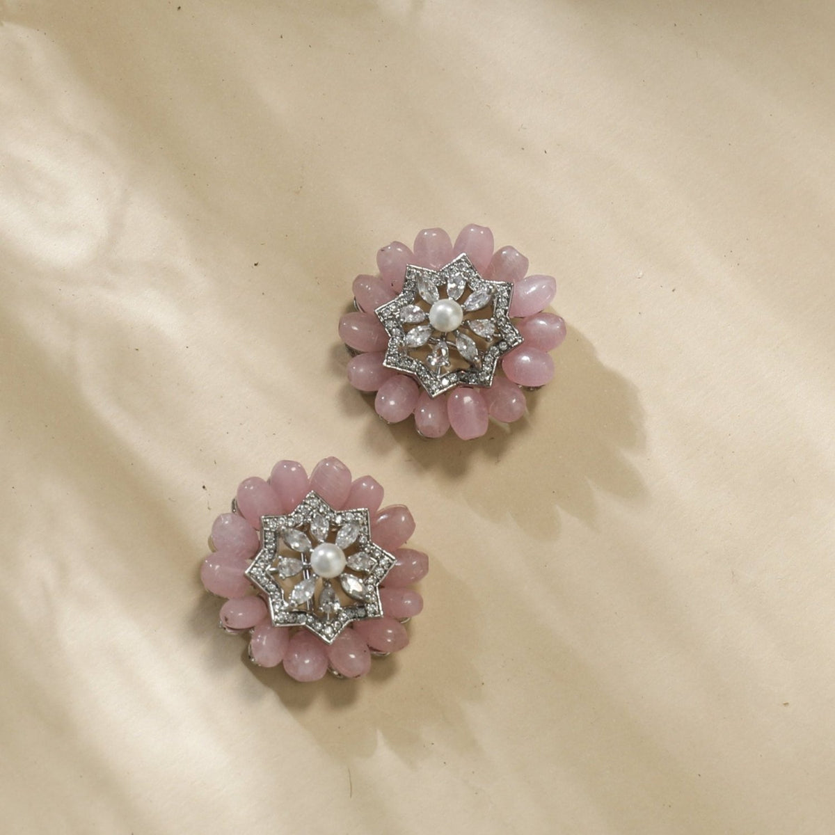 Floral Charm CZ Pink Beads & Pearl Stud Earrings
