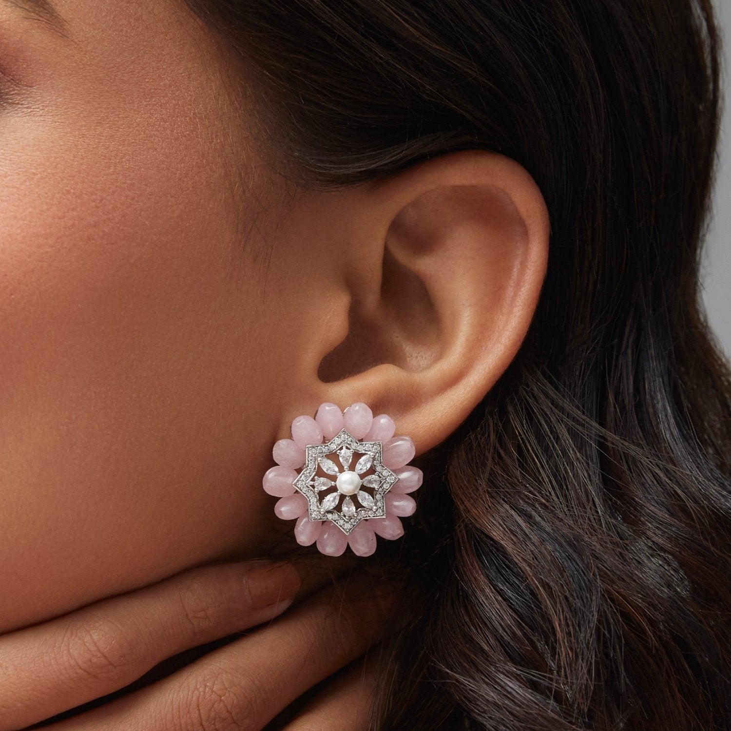 Floral Charm CZ Pink Beads & Pearl Stud Earrings