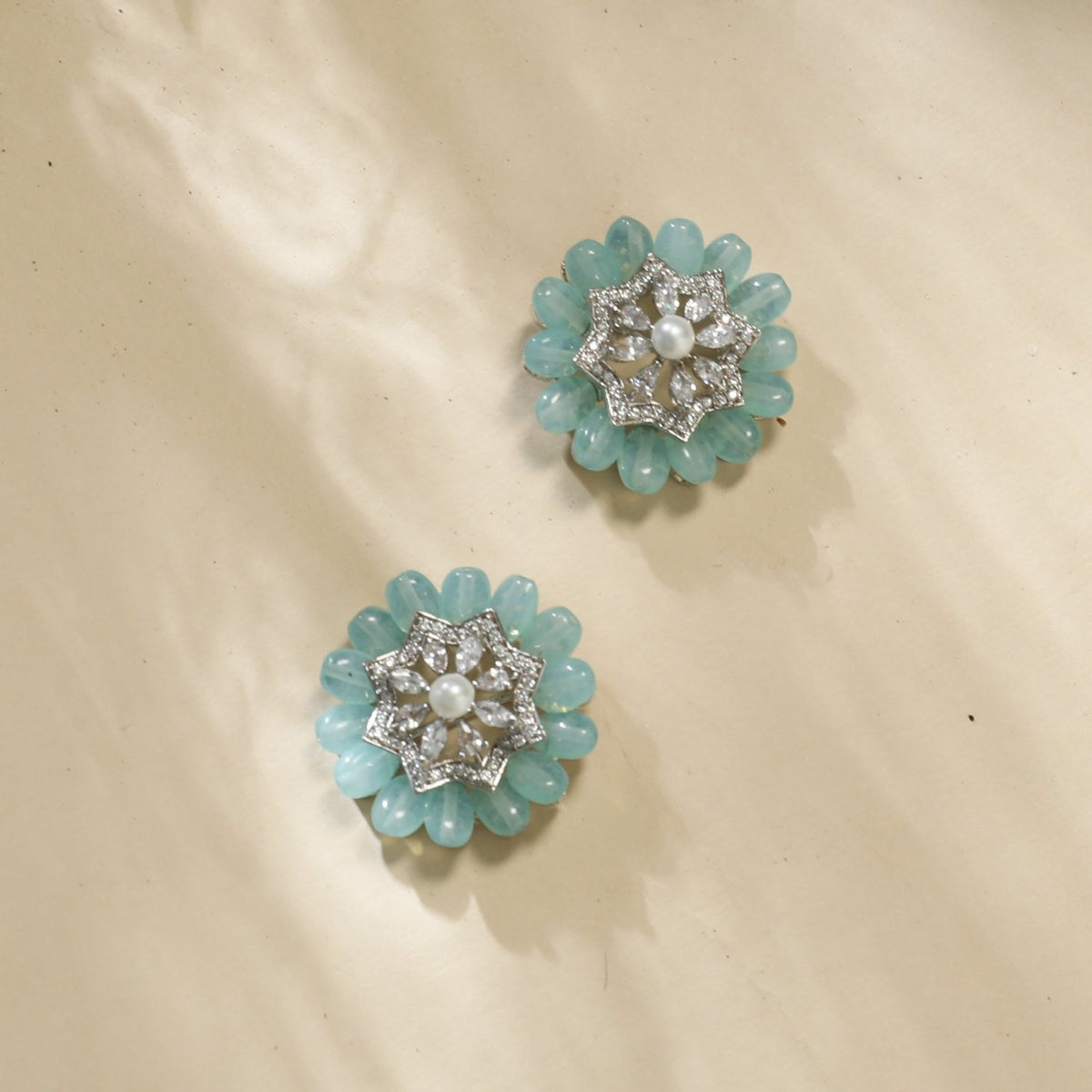 Floral Charm CZ Mint Beads &amp; Pearl Stud Earrings