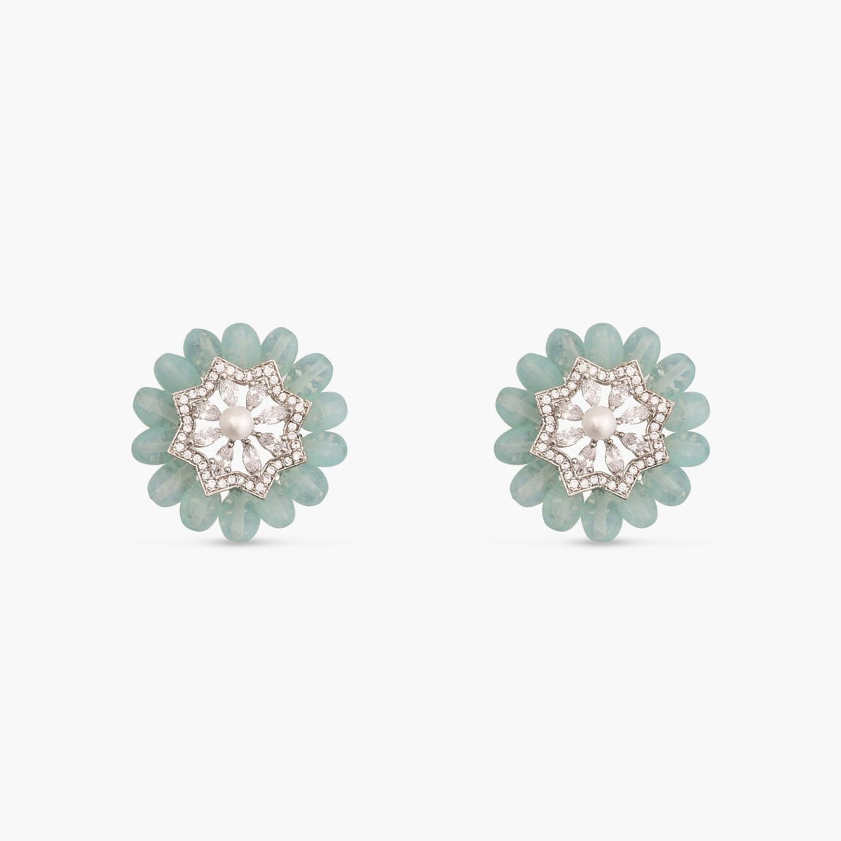 Floral Charm CZ Mint Beads &amp; Pearl Stud Earrings