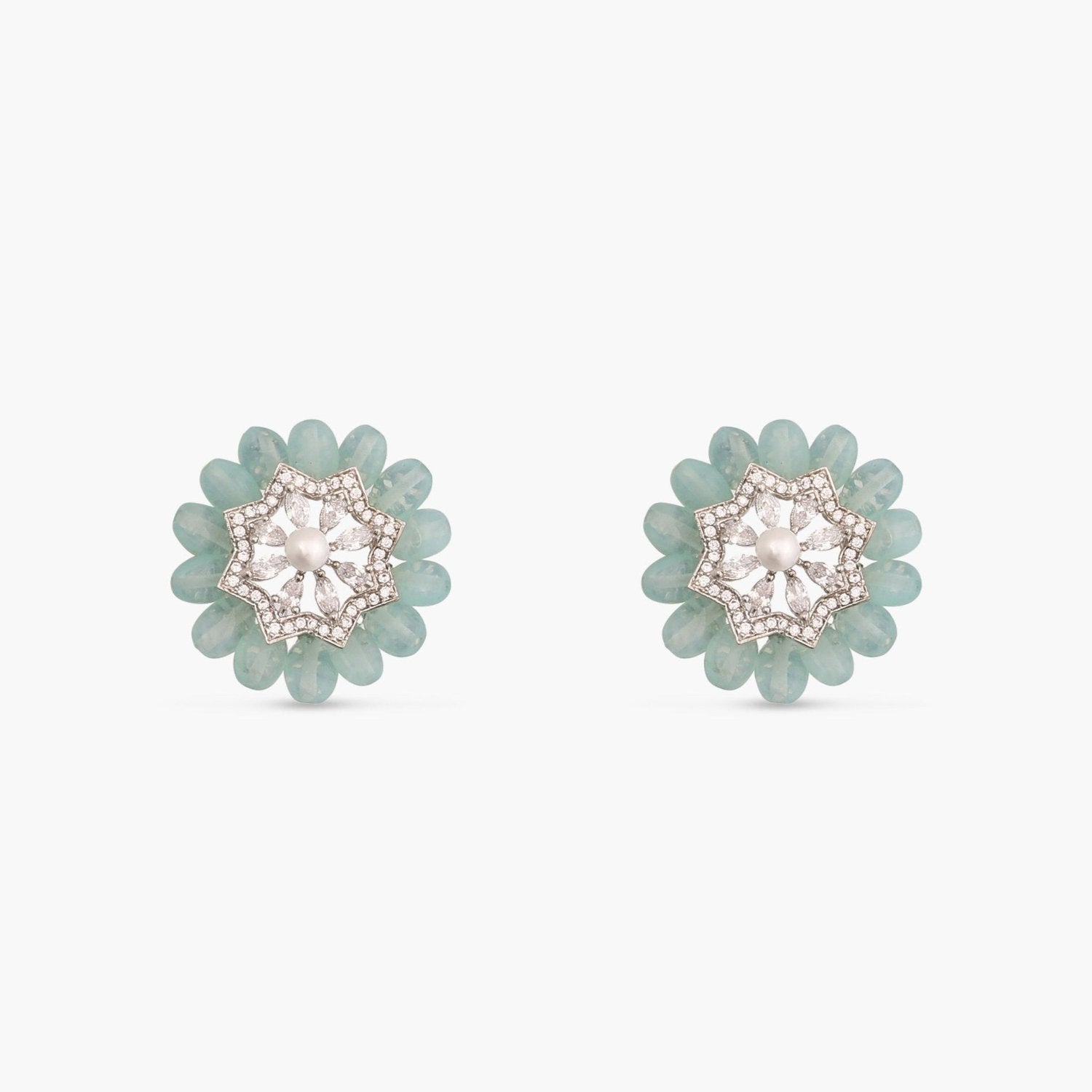 Floral Charm CZ Mint Beads & Pearl Stud Earrings