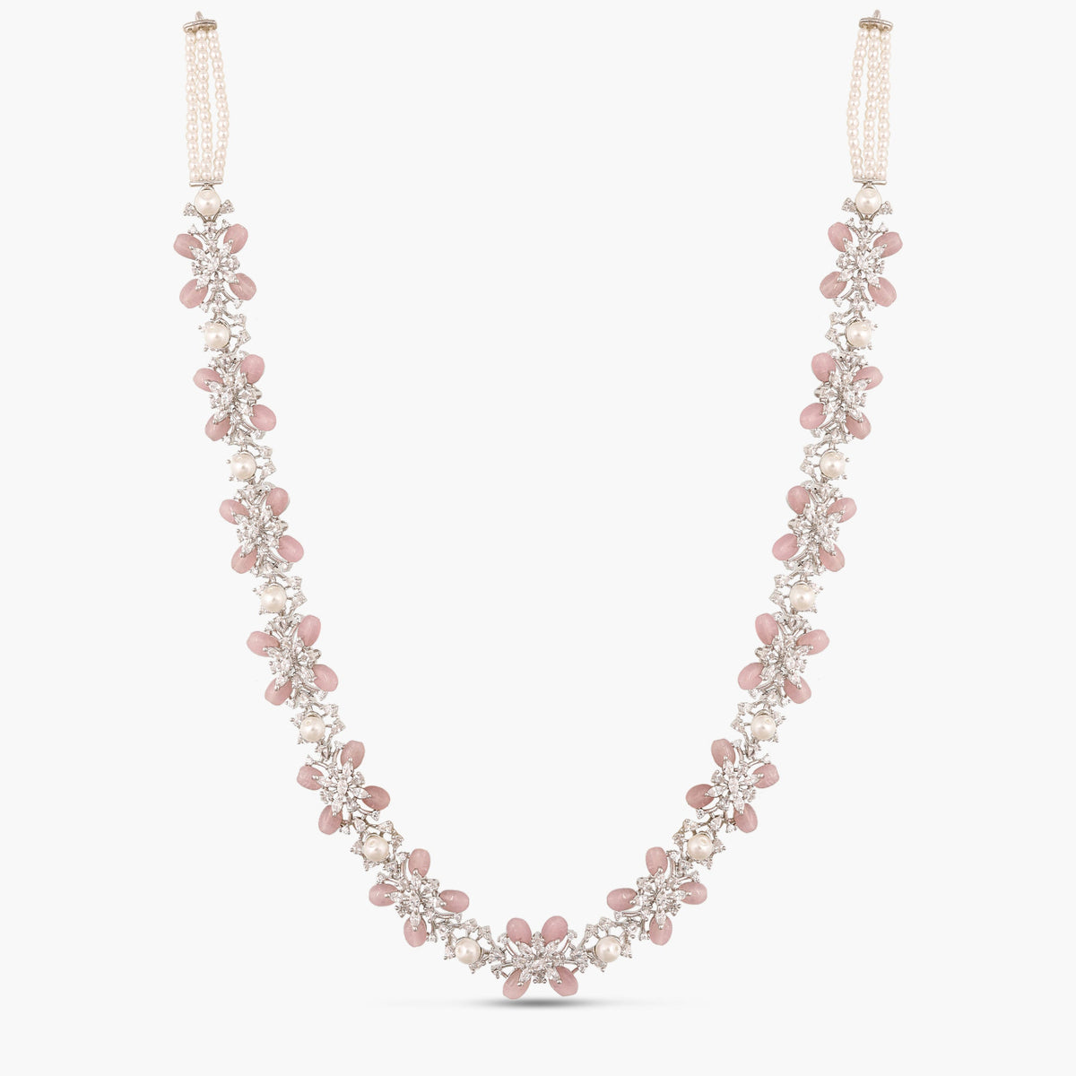 Floral Bloom CZ Pink Beads &amp; Pearl Long Necklace