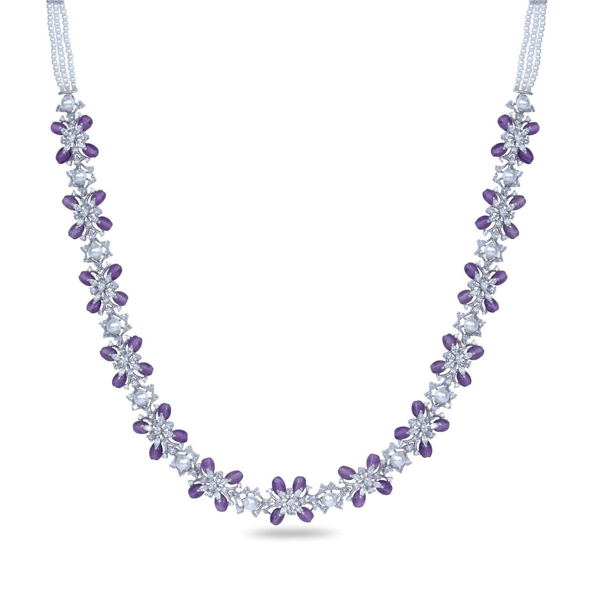 Floral Petal CZ Lavender Beads &amp; Pearl Long Necklace