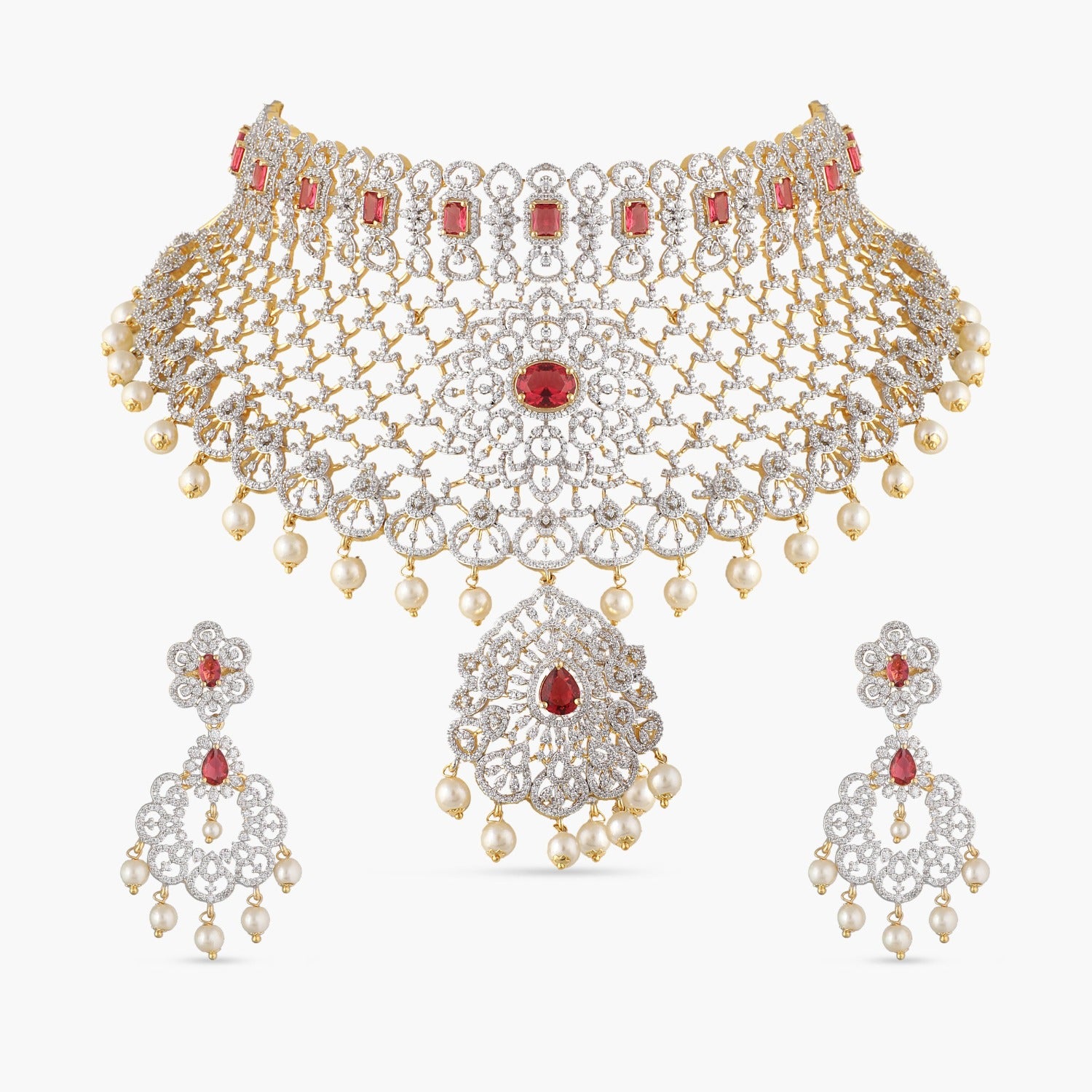 Tarinika Aruni Nakshatra CZ Bridal Choker Set White Red Indian Jewelry