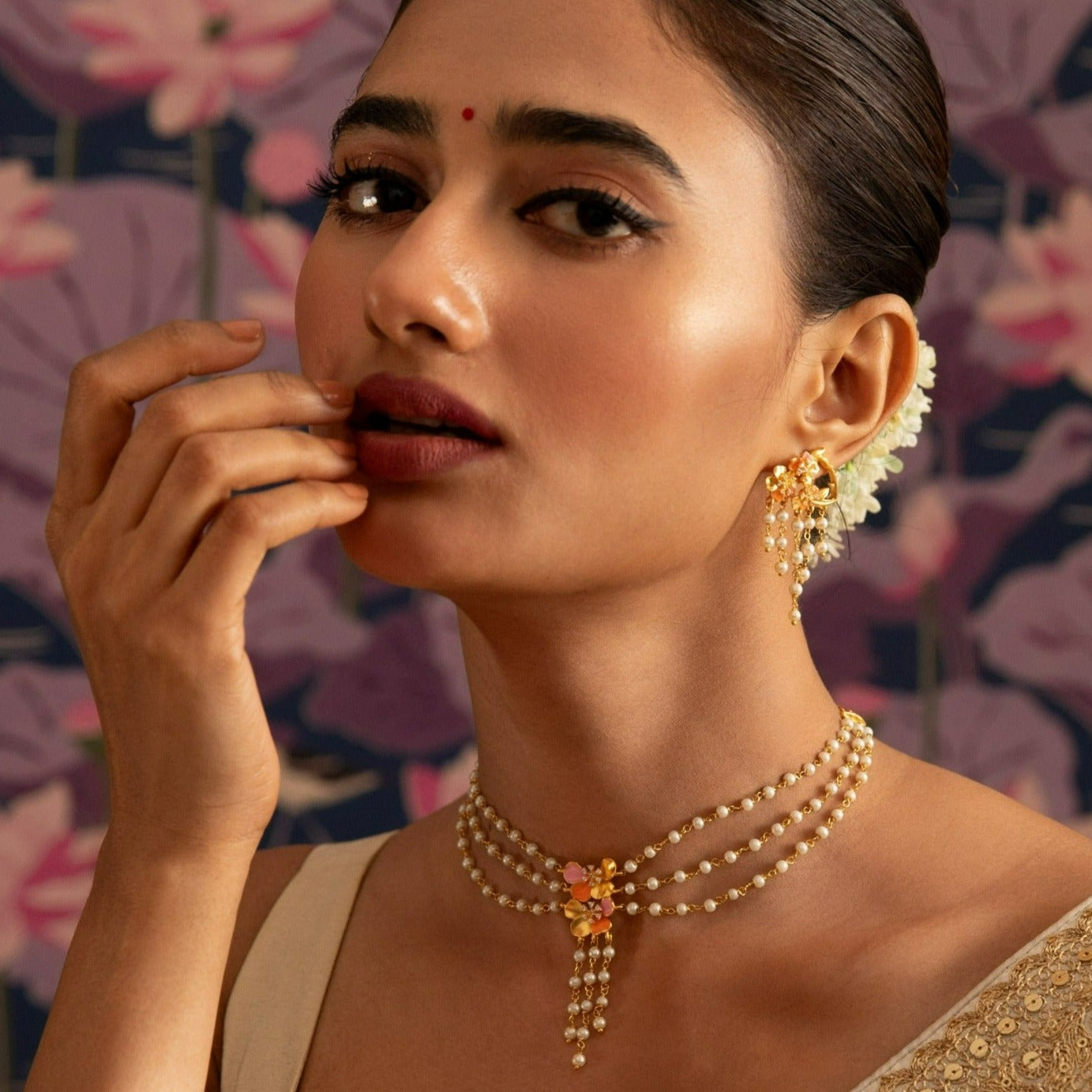 Jalaja Three Layer Floral Chain Necklace