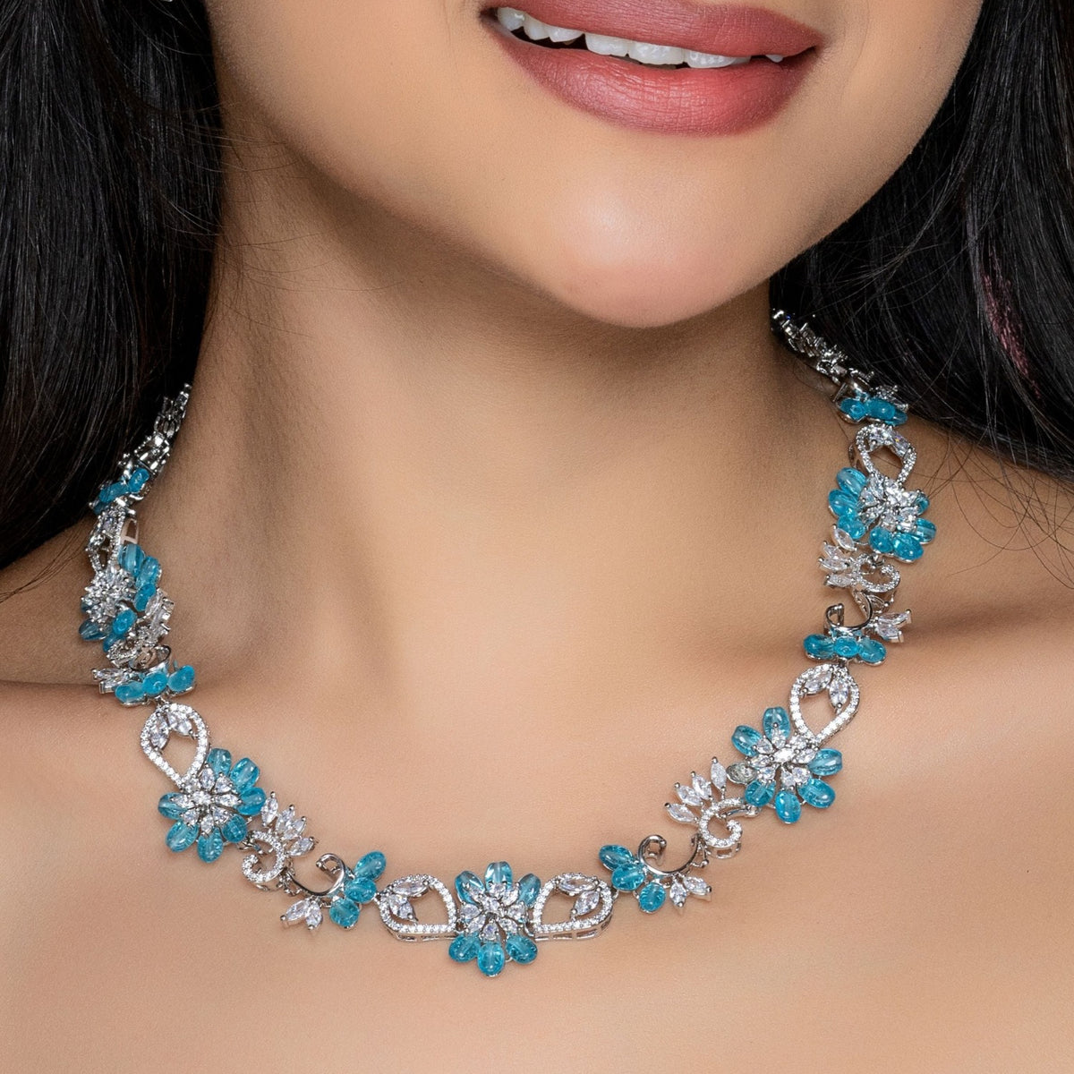 Floral Petal CZ Aqua Beads Necklace