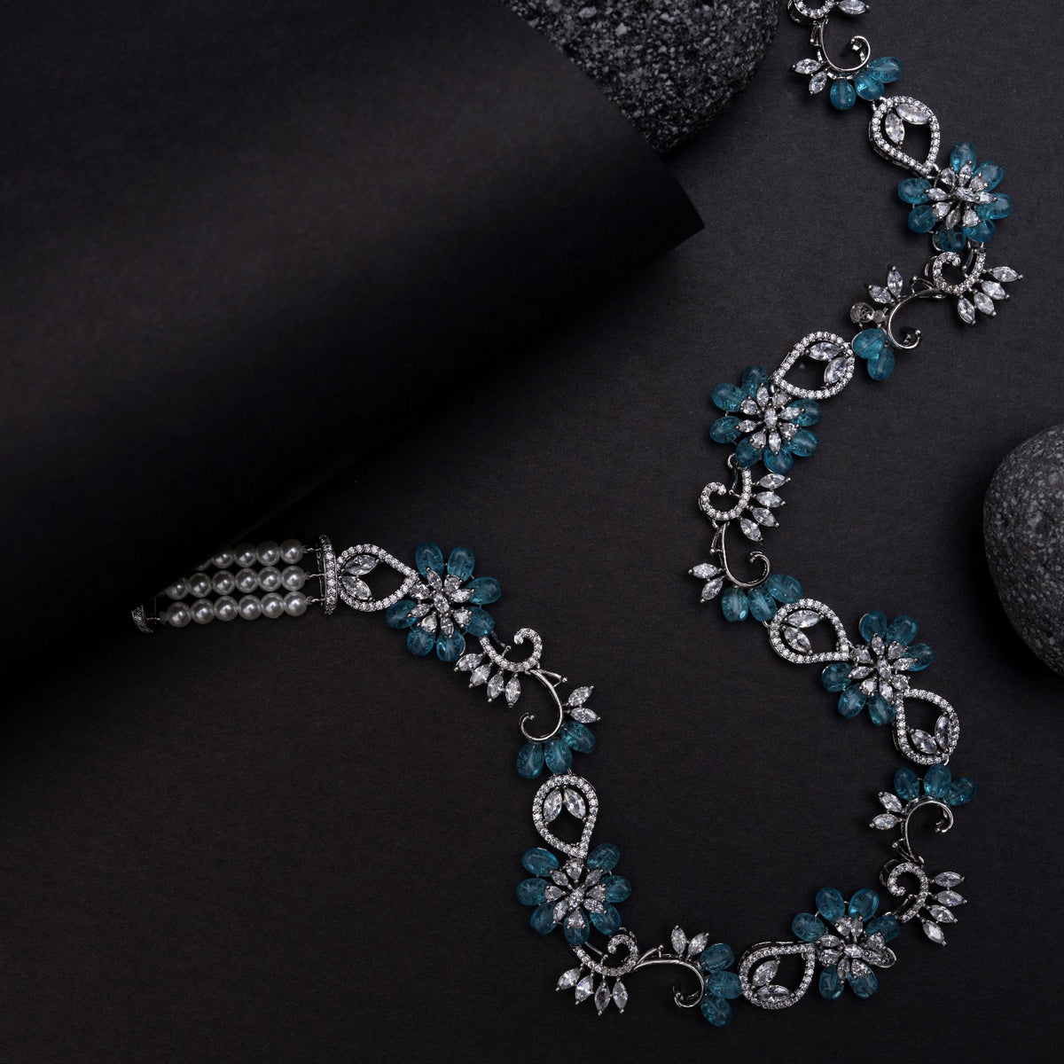 Floral Petal CZ Aqua Beads Necklace