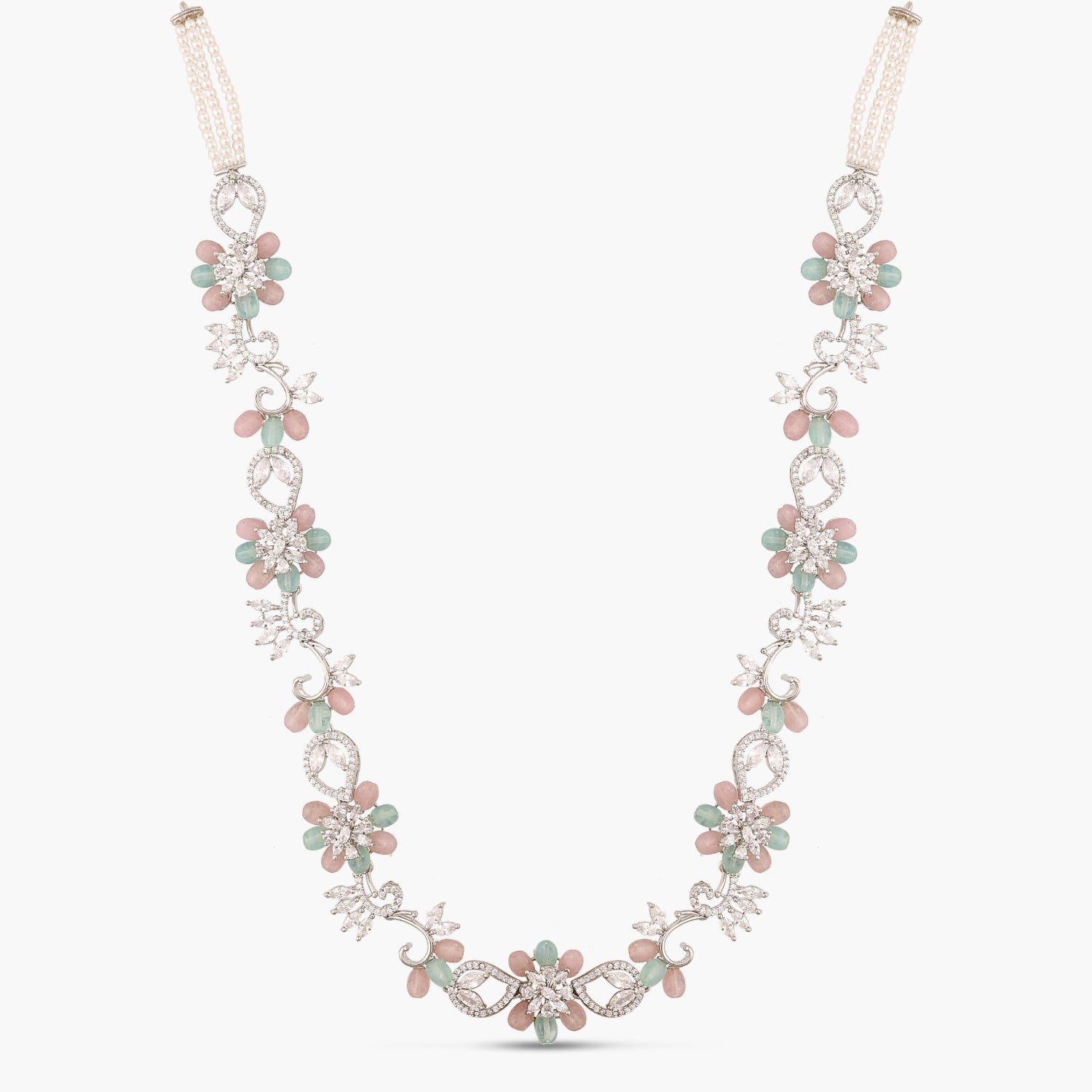 Floral Meadow CZ Pink and Mint Beads Necklace