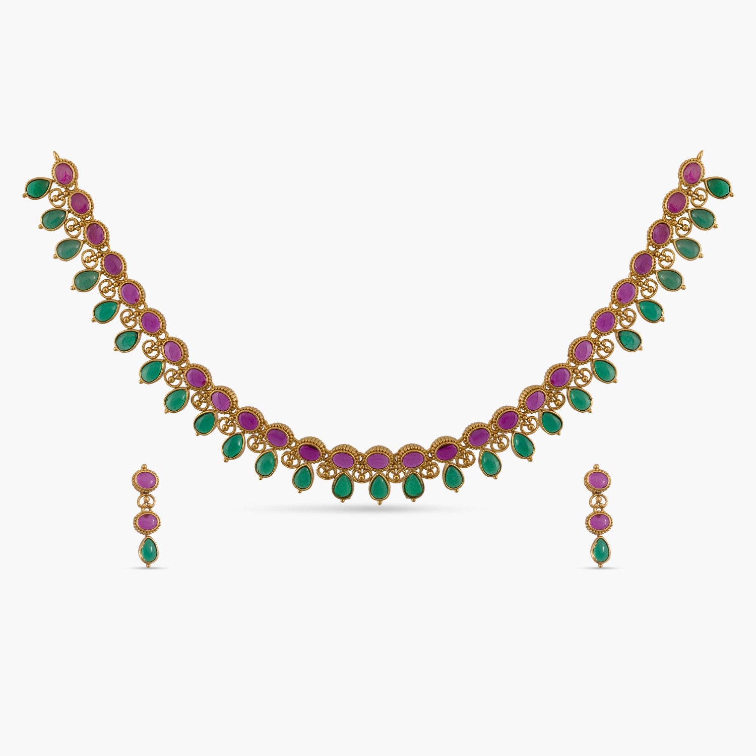 Preeja Antique Red Green Kempu Necklace Set