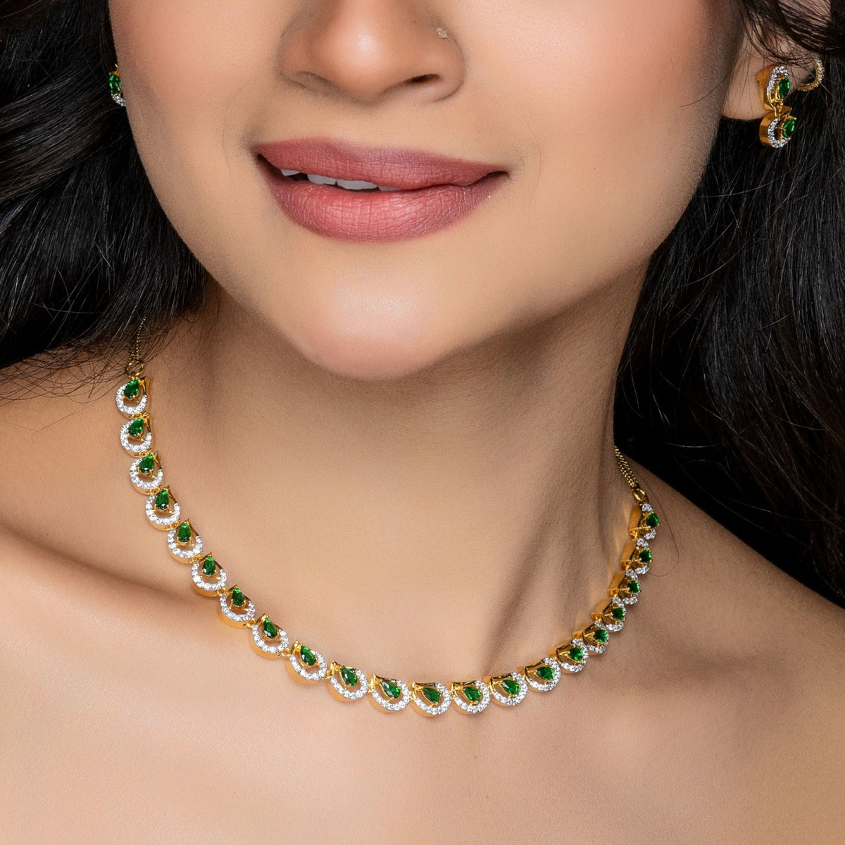 Petaline CZ Green Necklace Set