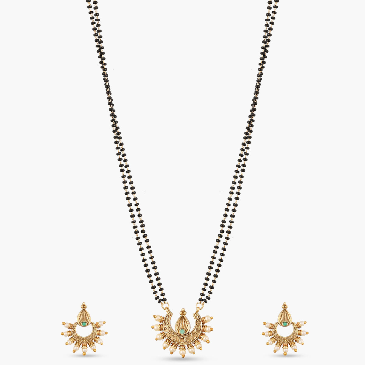 Pushti Antique Green Kempu Black Beads Necklace Set