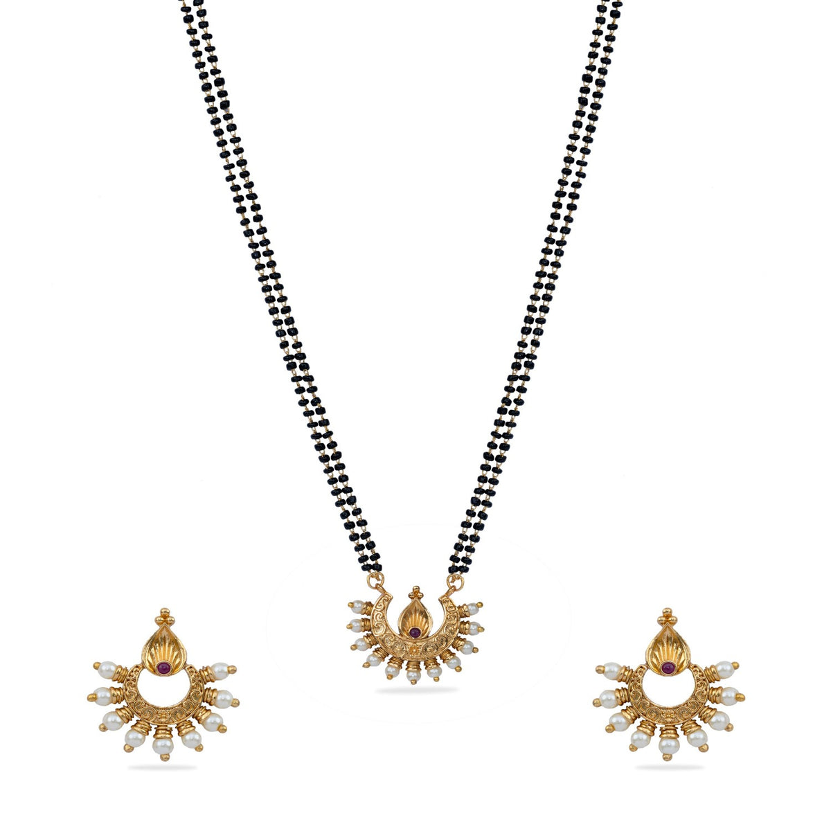 Pushti Antique Red Kempu Black Beads Necklace Set