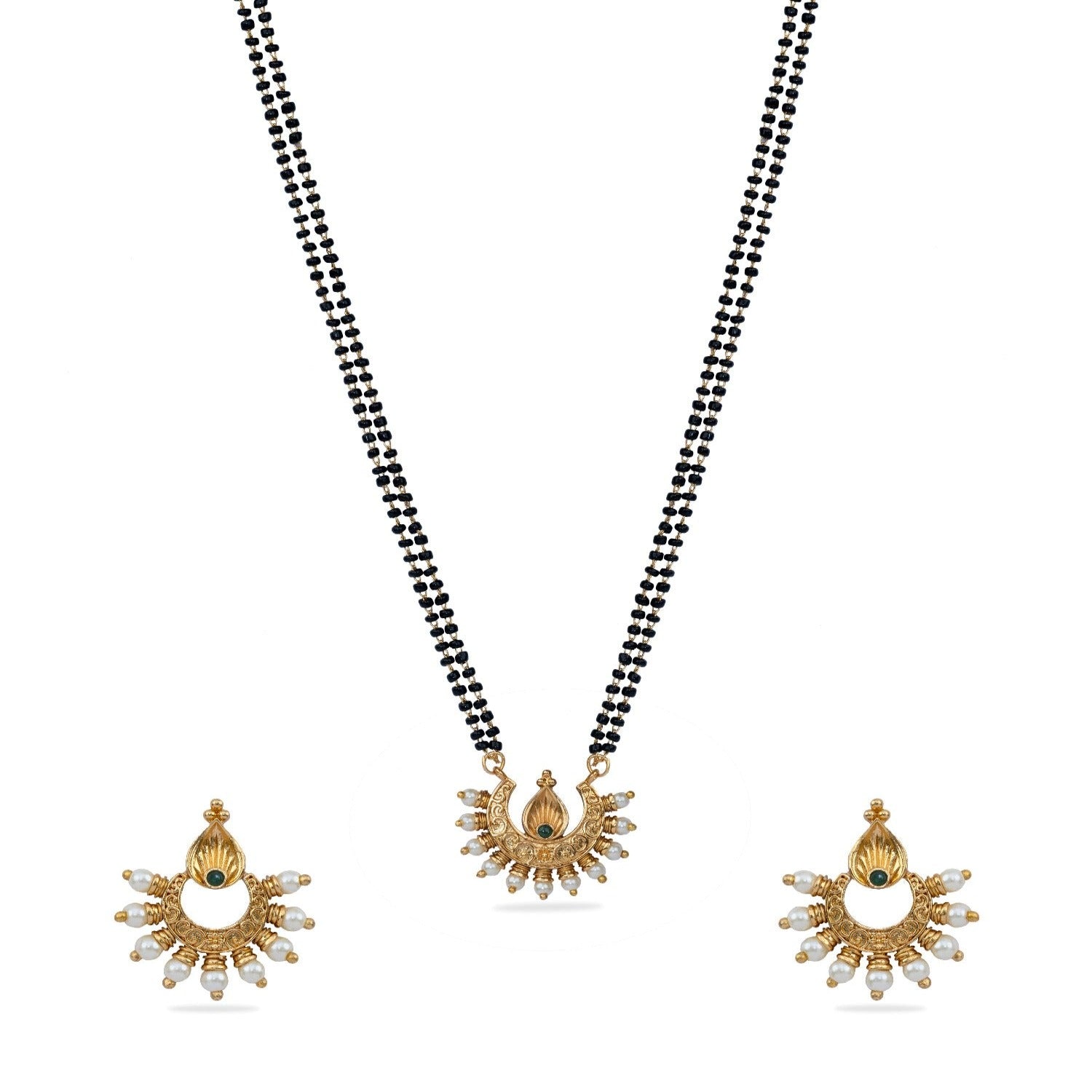 Pushti Antique Green Kempu Black Beads Necklace Set