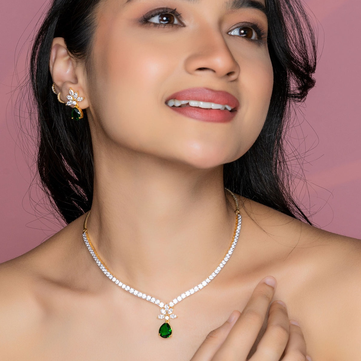 Camellia CZ Green Necklace Set