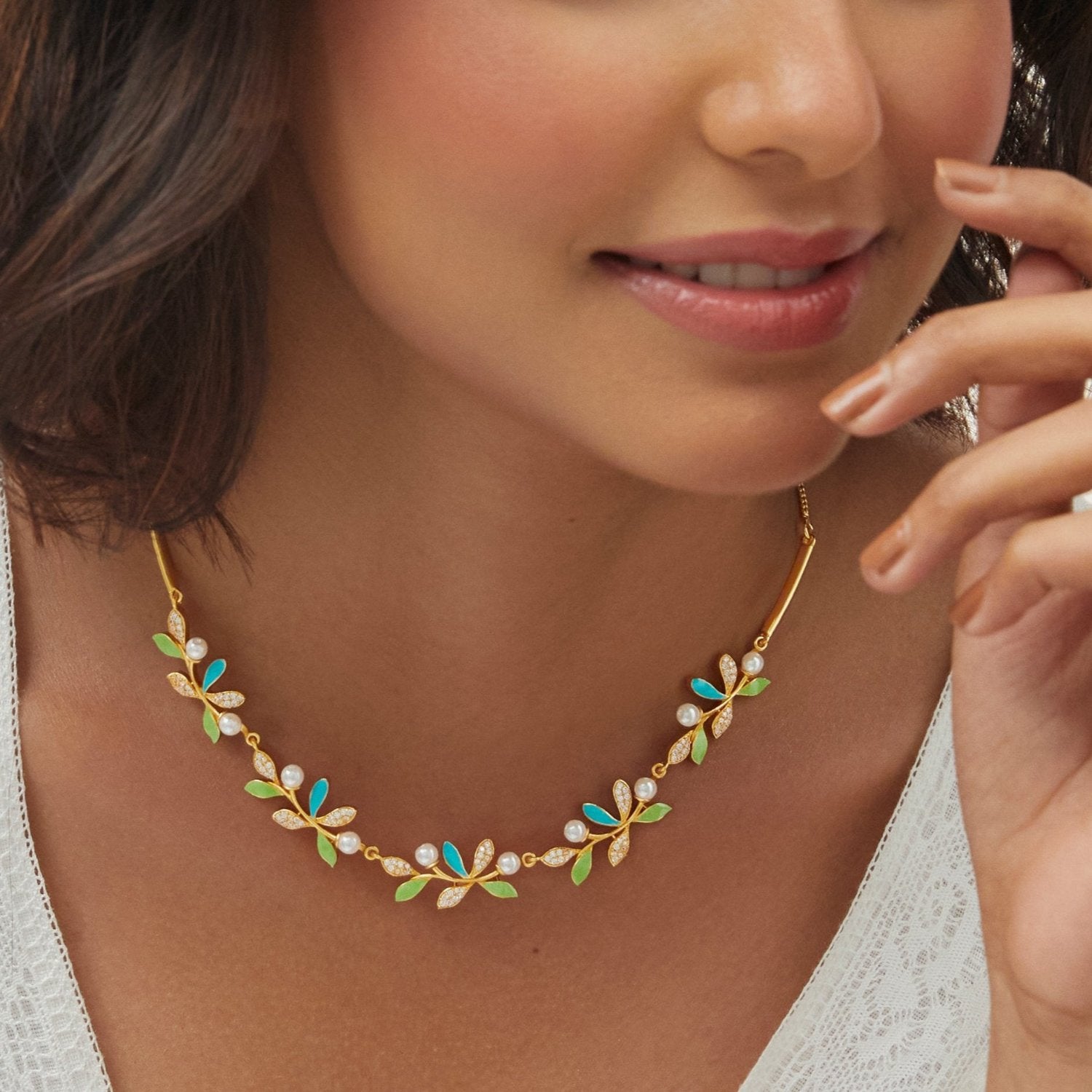 Eriha Pearl CZ Statement Green Leaf Necklace
