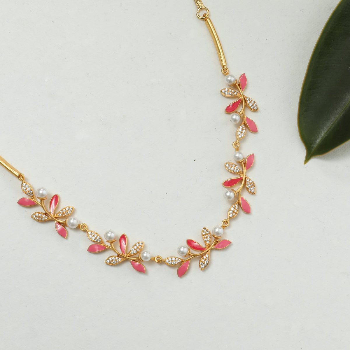 Eriha Pearl Delicate CZ Pink Leaf Necklace